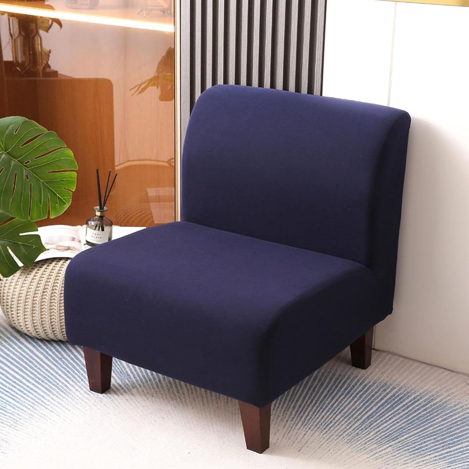 Elastic Armless Chair Cover, Wrinkle-Resistant Fabric, Suitable for Various Chair Types(Navy Blue,2pcs)