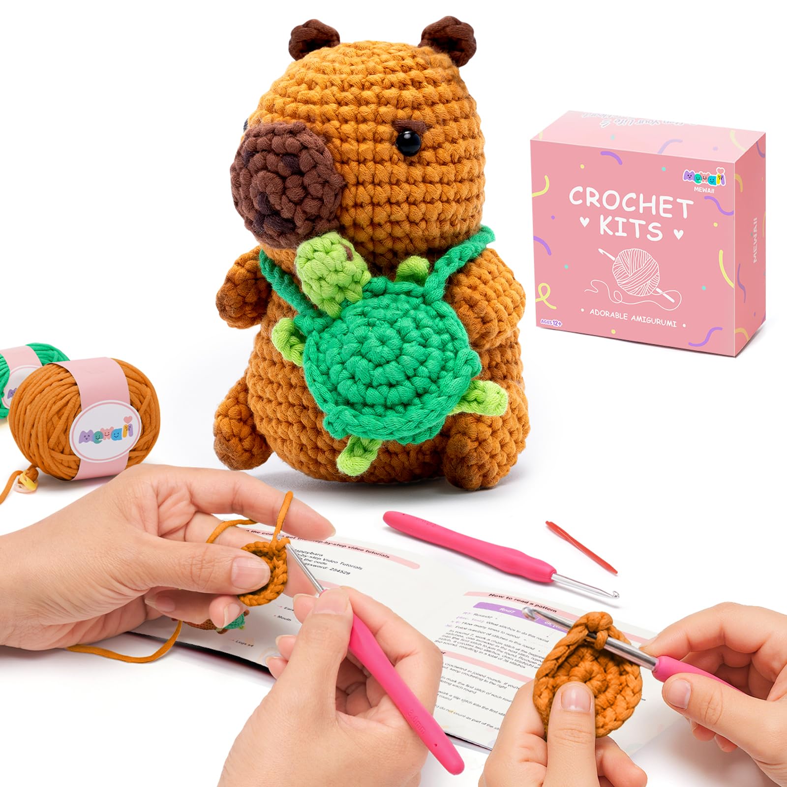 Mewaii Crochet Kit for Beginners Level 1 with 40% Extra Eco-Friendly Pre-Started Easy Yarn, Step-by-Step Video Tutorials for Adults and Kids (Capybara)OEKO-TEX STANDARD 100