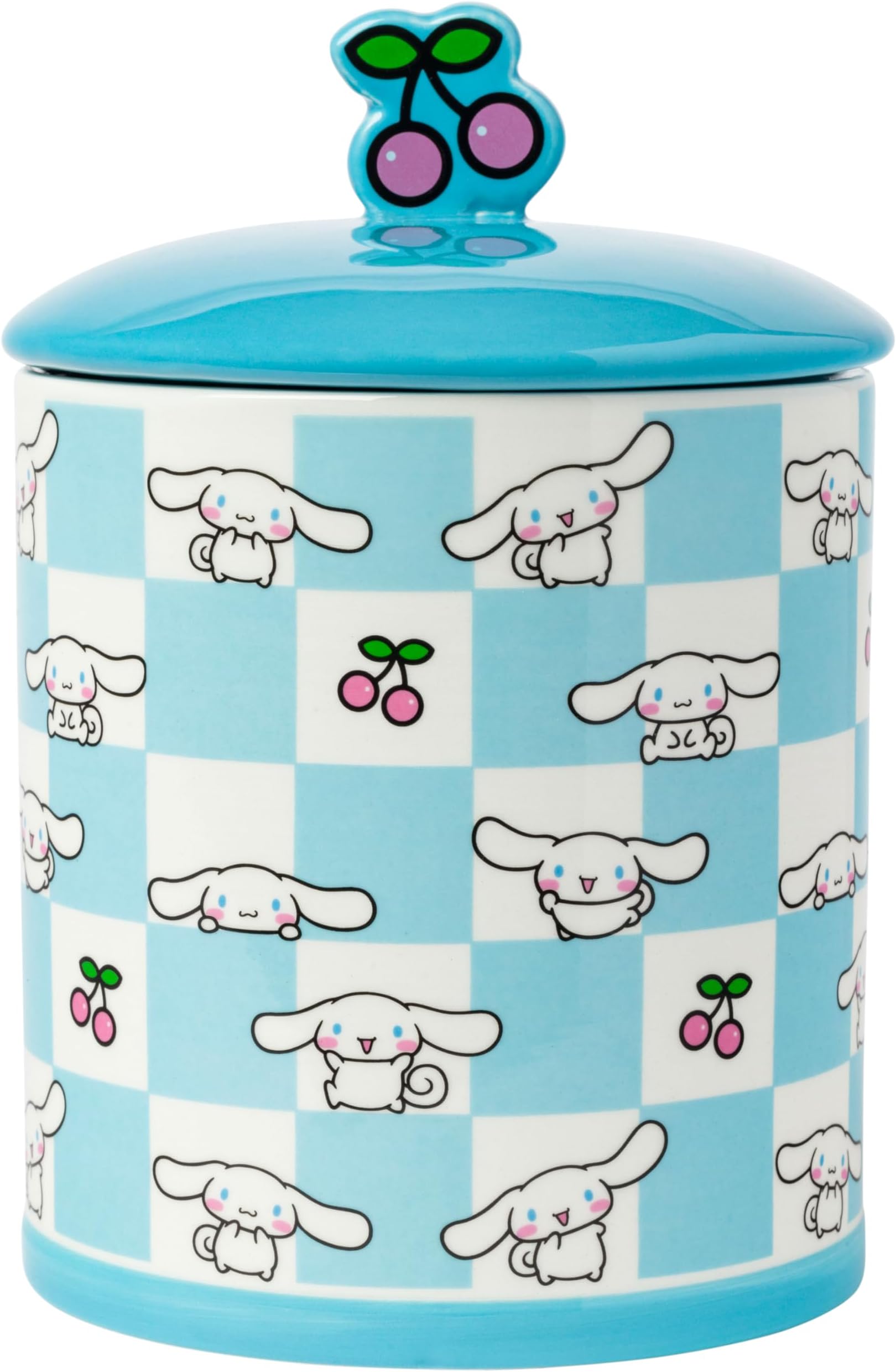 Sanrio Hello Kitty and Friends Cinnamoroll Cherries Blue Checkered Ceramic Cookie Snack Jar (Large)