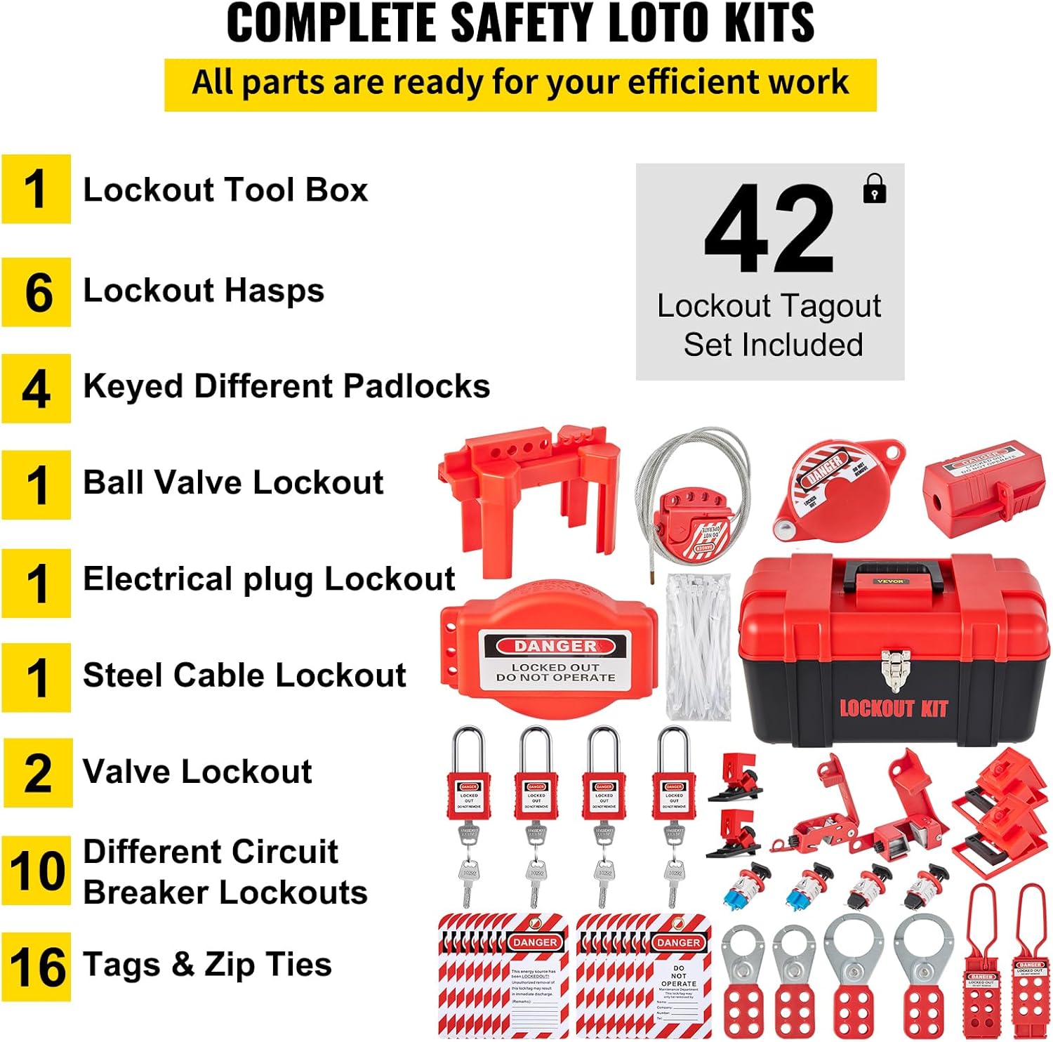 VEVOR 42 PCS Lockout Tagout Kits, Electrical Safety Loto Kit Includes Padlocks, 5 Kinds of Lockouts, Hasps, Tags & Ties, Box, Lockout Safety Tools for Electrical Risk Removal in Industrial, Machinery