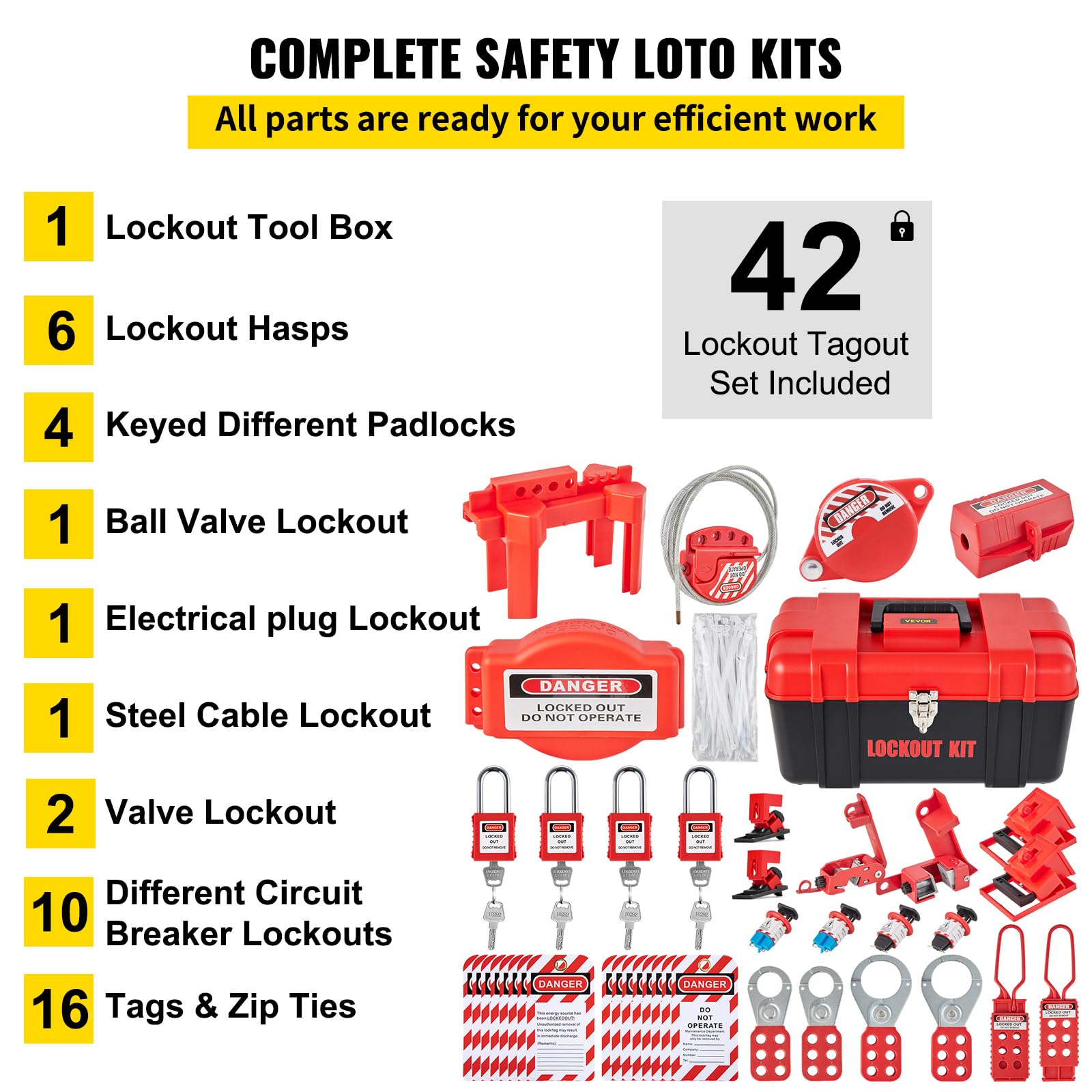 VEVOR 42-teiliges Lockout-Tagout-Kits, elektrisches Sicherheits-Loto-Kit, enthält Vorhängeschlösser, 5 Arten von Lockouts, Haspen, Anhänger und Kabelbinder, Box, Lockout-Sicherheitswerkzeuge für die B