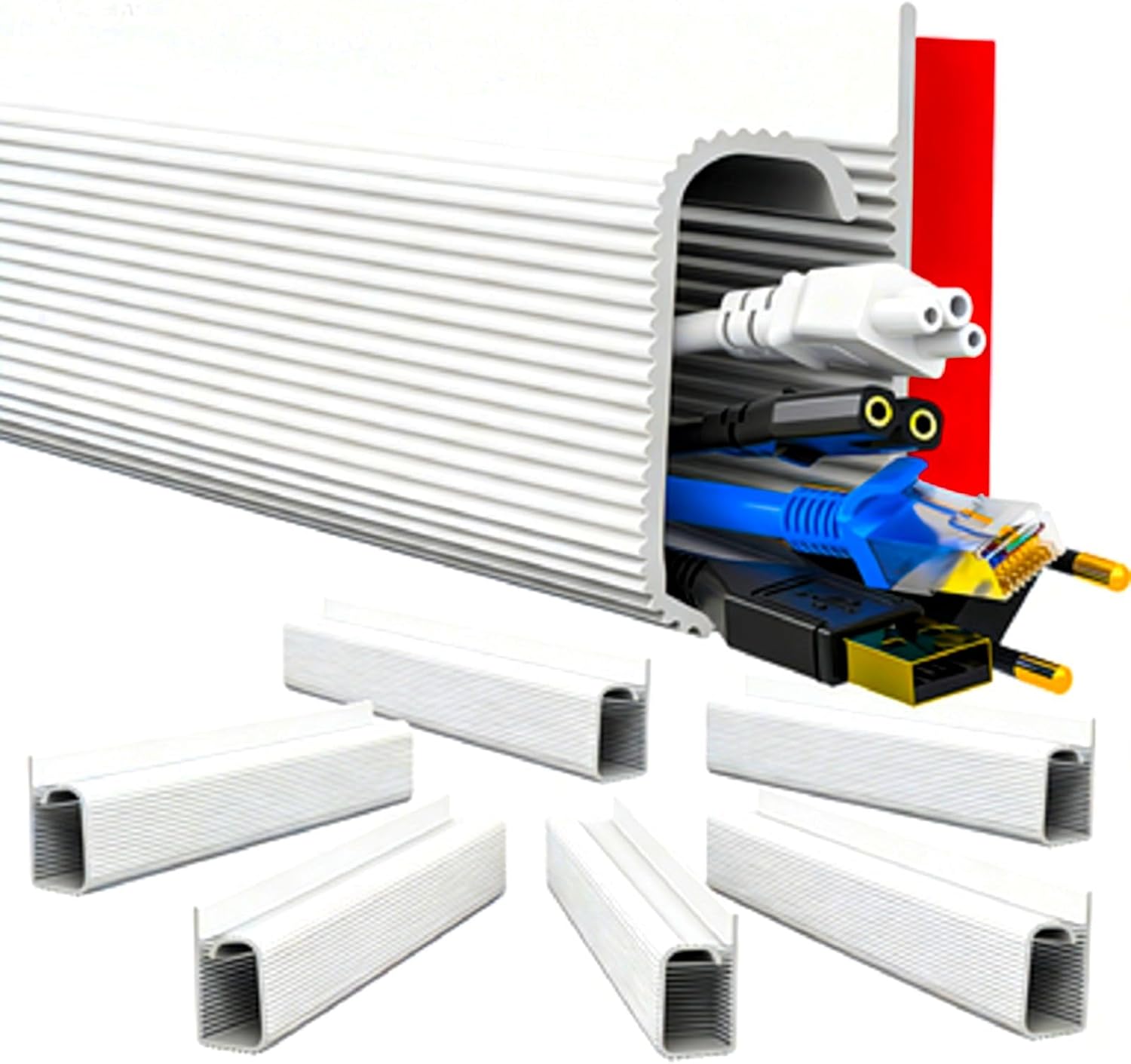 6PCS Under Desk Cable Management, 15.7 in Computer Cable Management, Self-Adhesive J Channel Wire Raceway, Computer Cord Hider for Home & Office, Kid & Pet Trip Prevention （White）