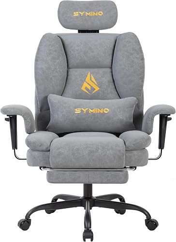 Symino Gaming Chair with Footrest, Suede Ergonomic Office Chair 155° Recline, Adjustable Armrests, Grey