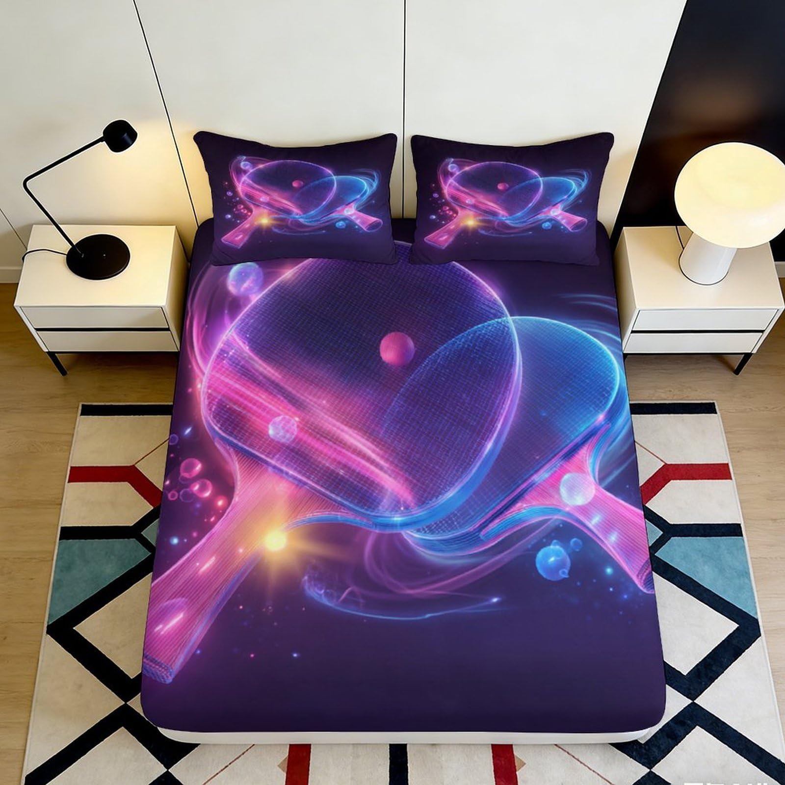 3D Printed Neon Ping Pong Fitted Sheet Microfiber Soft Breathable Cosmic Paddle Mattress Cover for Bedroom Dormitory Guest Room Mattress Protection 120x200x25cm