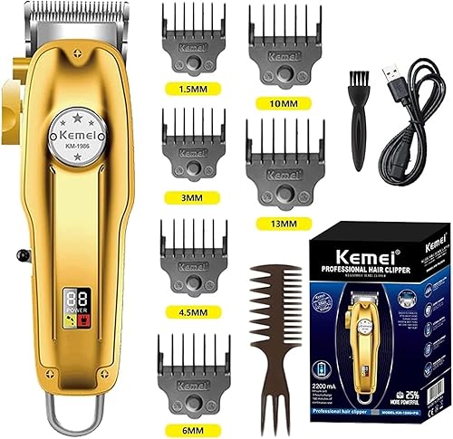 KEMEI KM-1986PRO - Cortadora de pelo inalámbrica para hombre, kit de corte de pelo profesional para hombres, pantalla LED recargable y kit de aseo