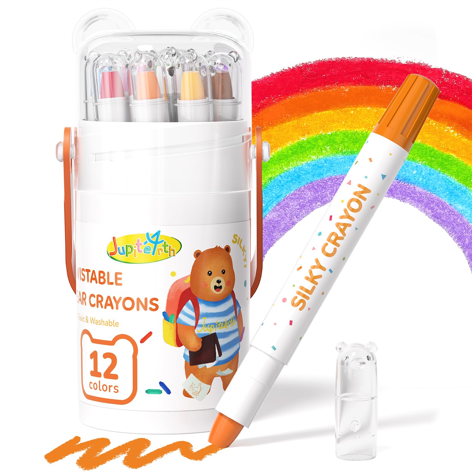 JUPITEARTH 12-Color Crayons for Toddlers 1-3 and Kids 4-8, Non-Toxic Washable Crayons, Ultra-Silky Easy-Grip Art Supplies, Ideal Coloring Gift for Boys and Girls