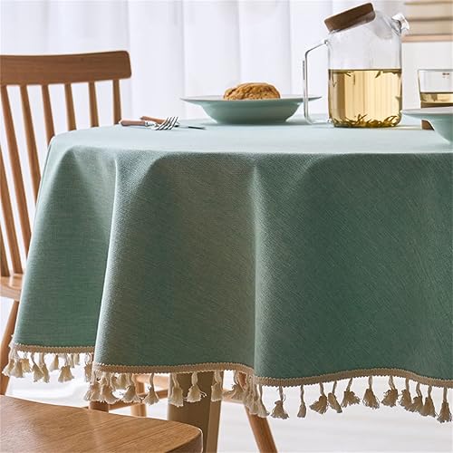 Miniatura 1 de Mantel redondo con textura de lino con borla, impermeable, a prueba de derrames, para decoración de mesa de cocina, comedor, verde, redondo, 48