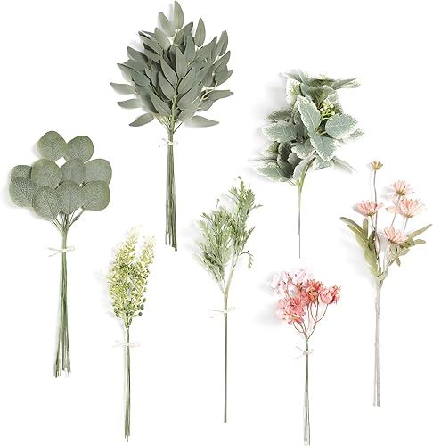 Koroni Flowers Juego de cajas de tallos artificiales, 33 piezas con 7 tipos de púas de vegetación sintética para ramos de novia, boda, arreglos