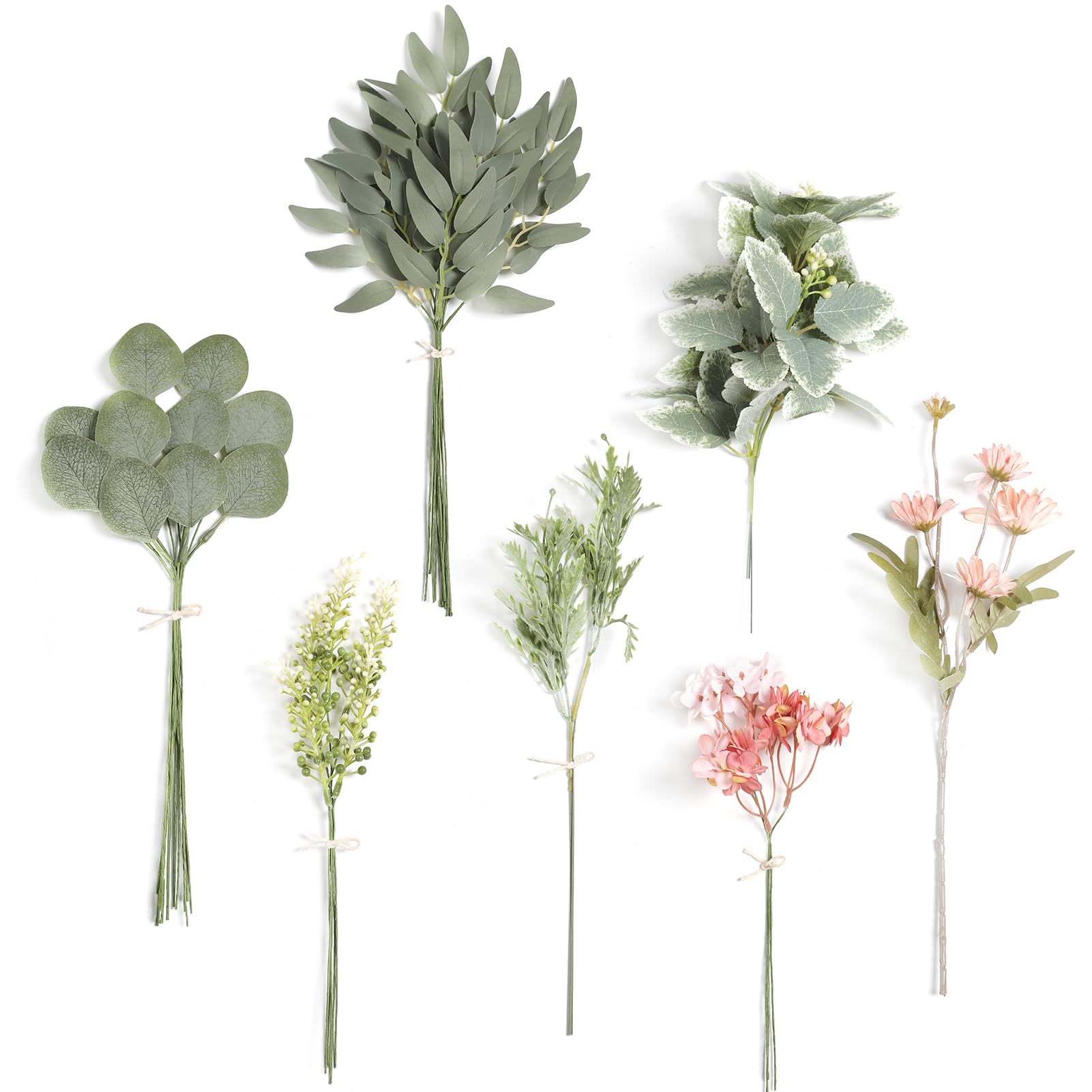 Koroni Flowers Artificial Greenery Stems Box Set, 33pcs with 7 Kinds of Faux Greenery Picks for DIY Bridal Bouquets Wedding Floral Arrangement Table Centerpieces(Green & Pink)