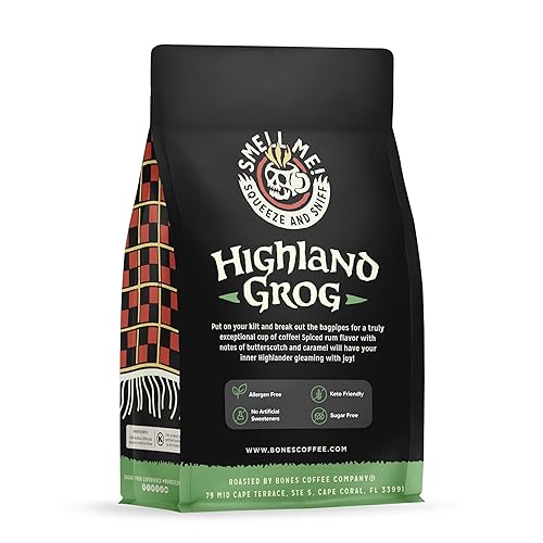 Miniatura 2 de Bones Coffee Company Highland Grog, café con sabor a caramelo Butterscotch, granos de arábica de tostado medio bajo en ácido, compatible con