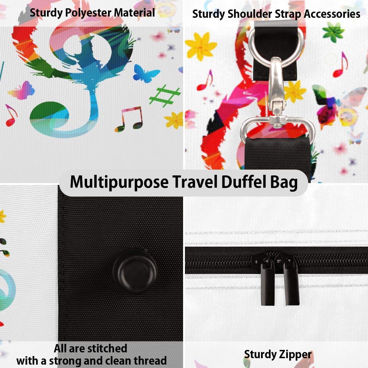 Musical Note Butterfly Travel Duffel Bag for Women Men Large Capacity Overnight Weekender Bags for Lightweight Waterproof Sport Gym Bag for Workout Yoga Swim