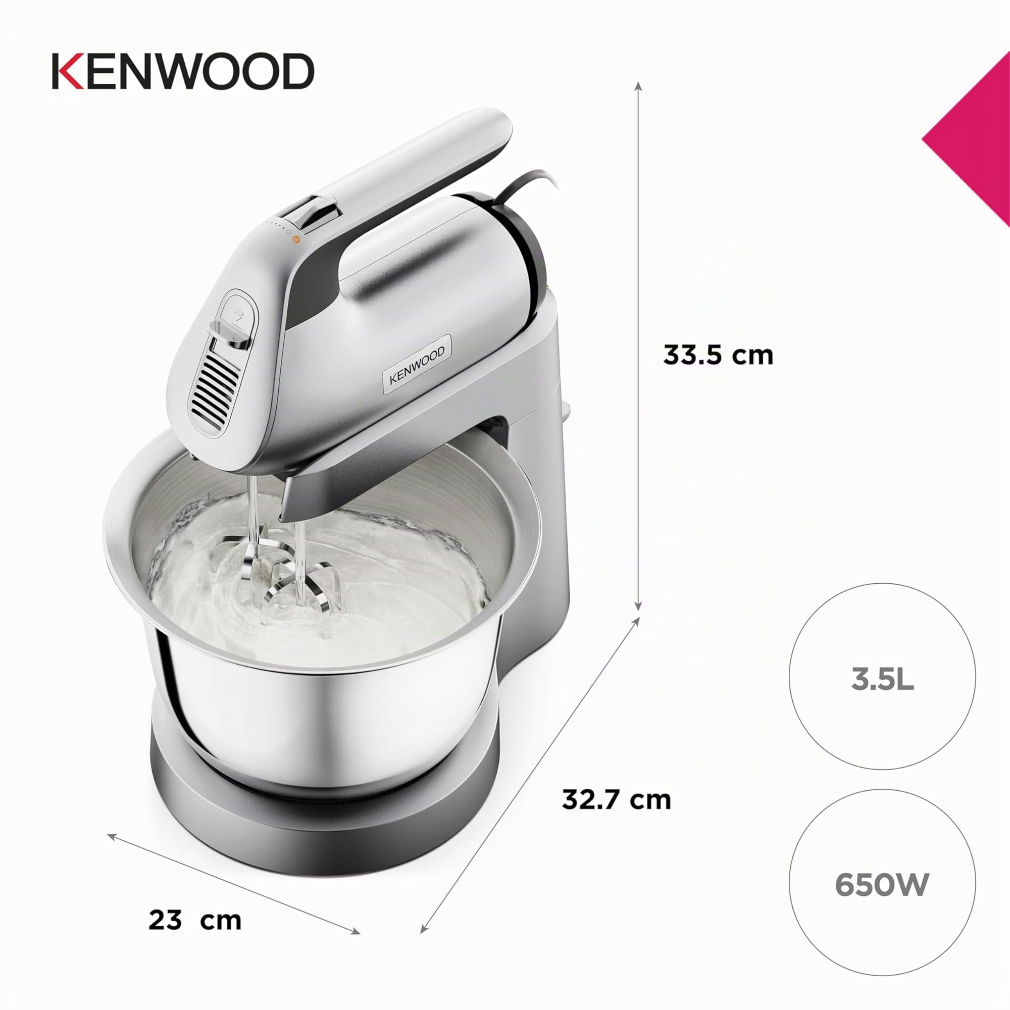 Kenwood Chefette HMP54.000SI - Handmixer und Küchenmaschine in einem, 3,5 l Edelstahl-Schüssel, variable Geschwindigkeit + Pulse-Funktion, 650 Watt, Silber