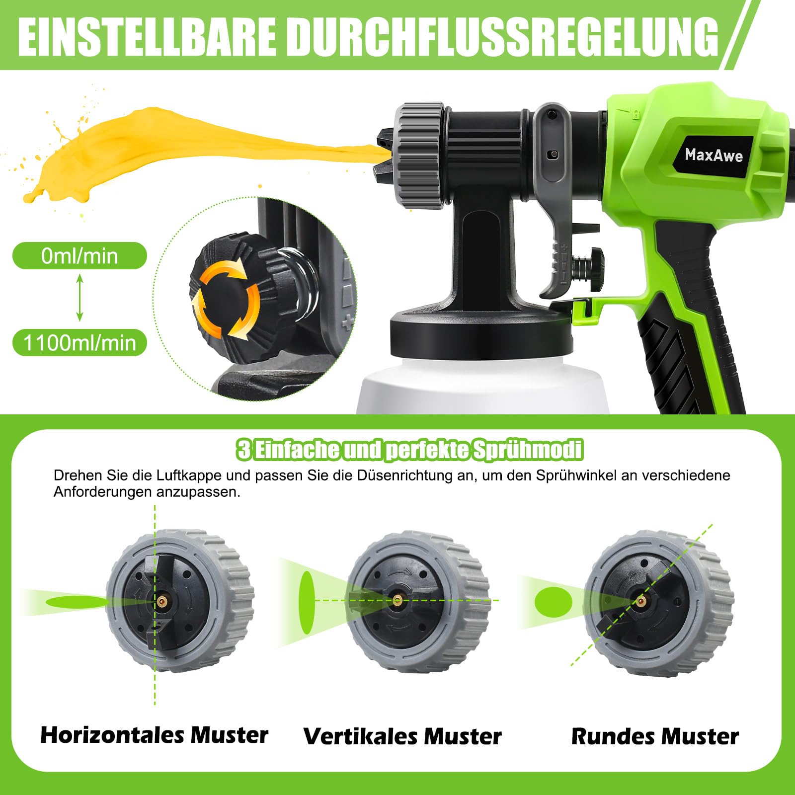 MaxAwe Electric Paint Spray Machine 800 W 1100 ml/min Wall Paint Spray Gun with 4 Nozzles and 3 Spray Cartridges Split Type Paint Spray System with Removable 800 ml Tank Paint Gun MaxAwe Electric Paint Spray Machine 800 W 1100 ml/min Wall Paint Spray Gun with 4 Nozzles and 3 Spray Cartridges Split Type Paint Spray System with Removable 800 ml Tank Paint Gun