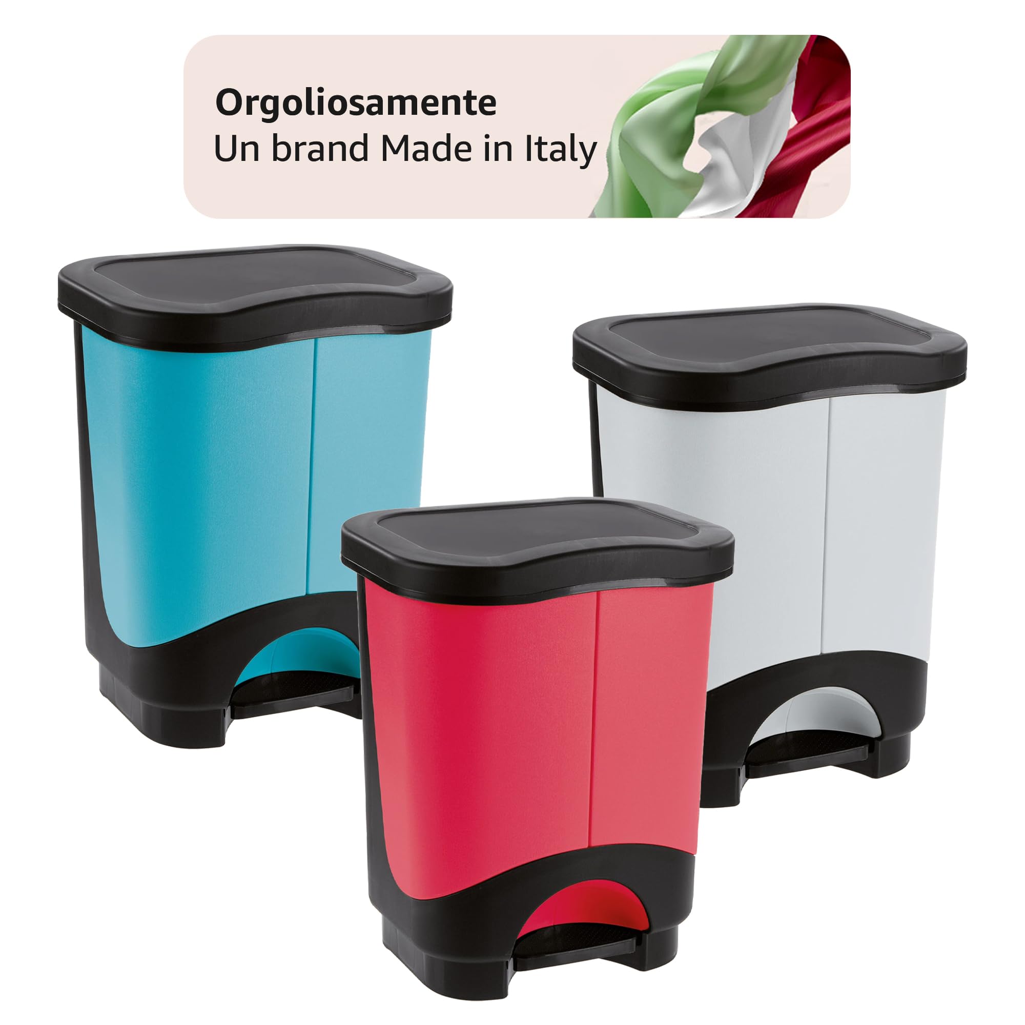 Sicignano | Cubo de basura con pedal multiusos – Papelera de recogida selectiva moderna, fácil apertura – ideal para casa, oficina, baño, cocina (negro/gris claro, 21 L)