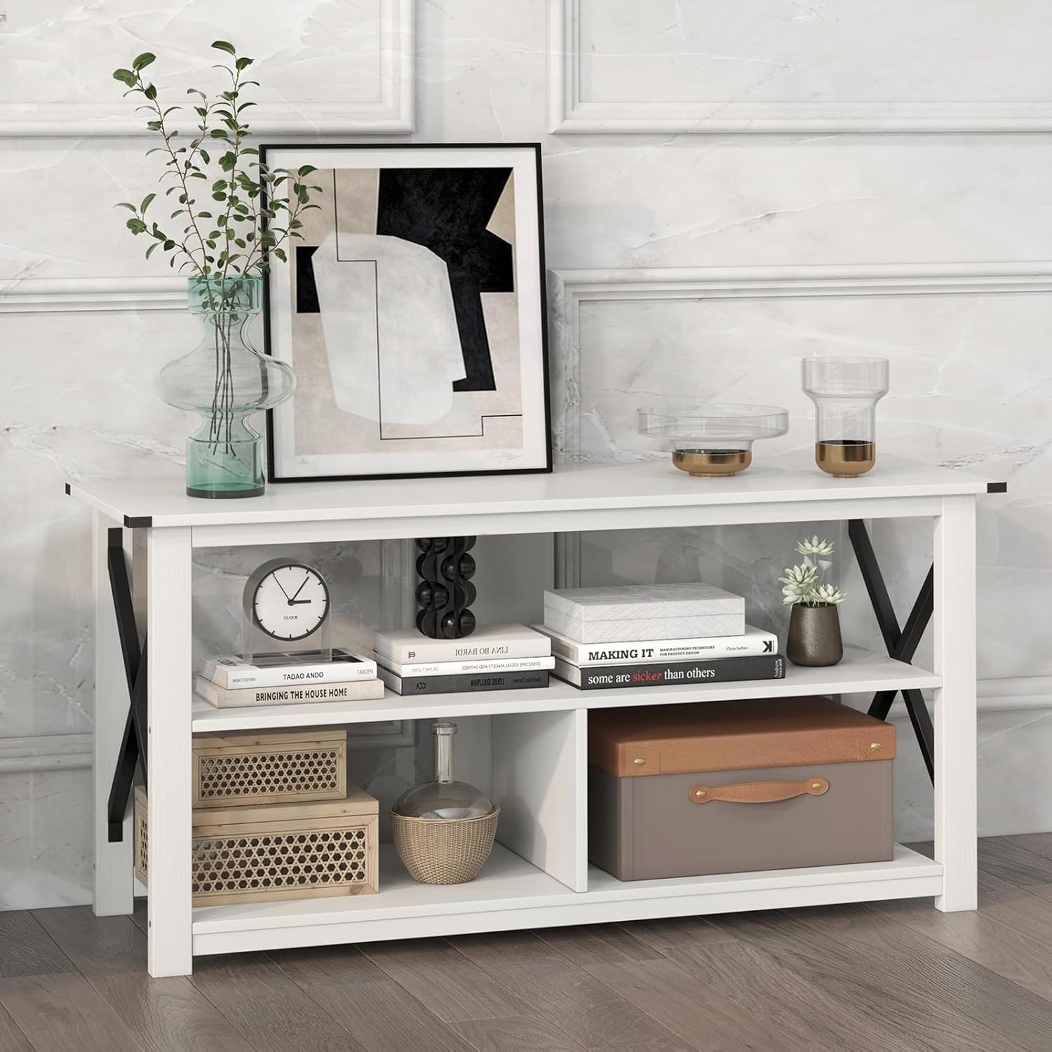 Giantex TV Stand for Bedroom, TV Cabinet for TV Up to 55", Entertainment Center with Storage Shelf & Cable Hole, X-Shaped Metal Frame, TV Console Table for Living Room (White)