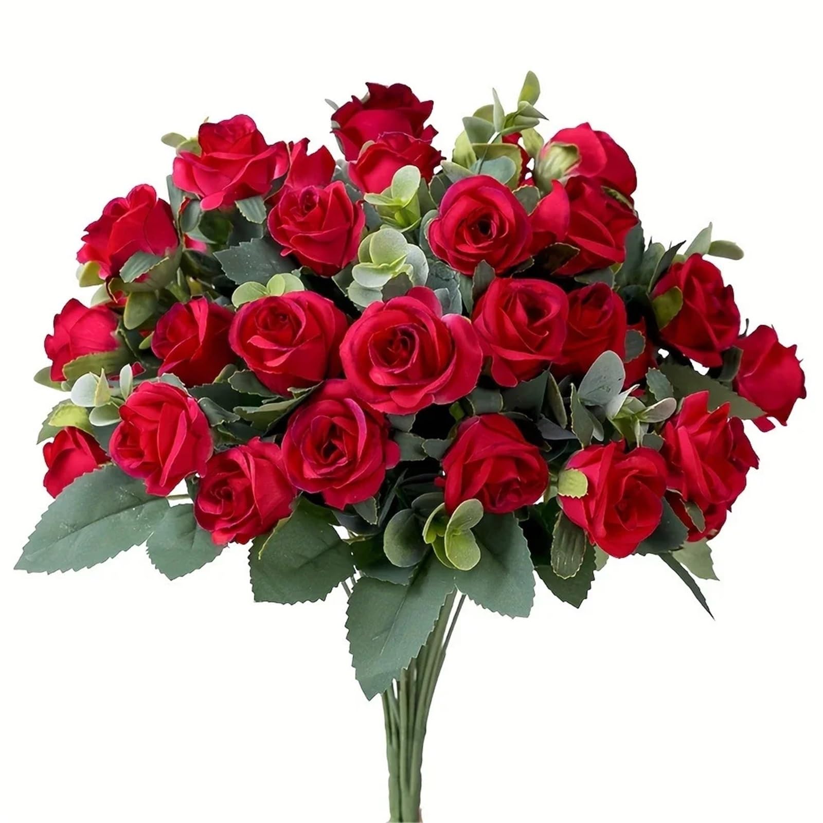 Dcrxz Artificial Flowers 3pcs Artificial Flower Silk Rose white Eucalyptus leaves Peony Bouquet Fake Flower for Wedding Table Party Vase Home Decor(Red)