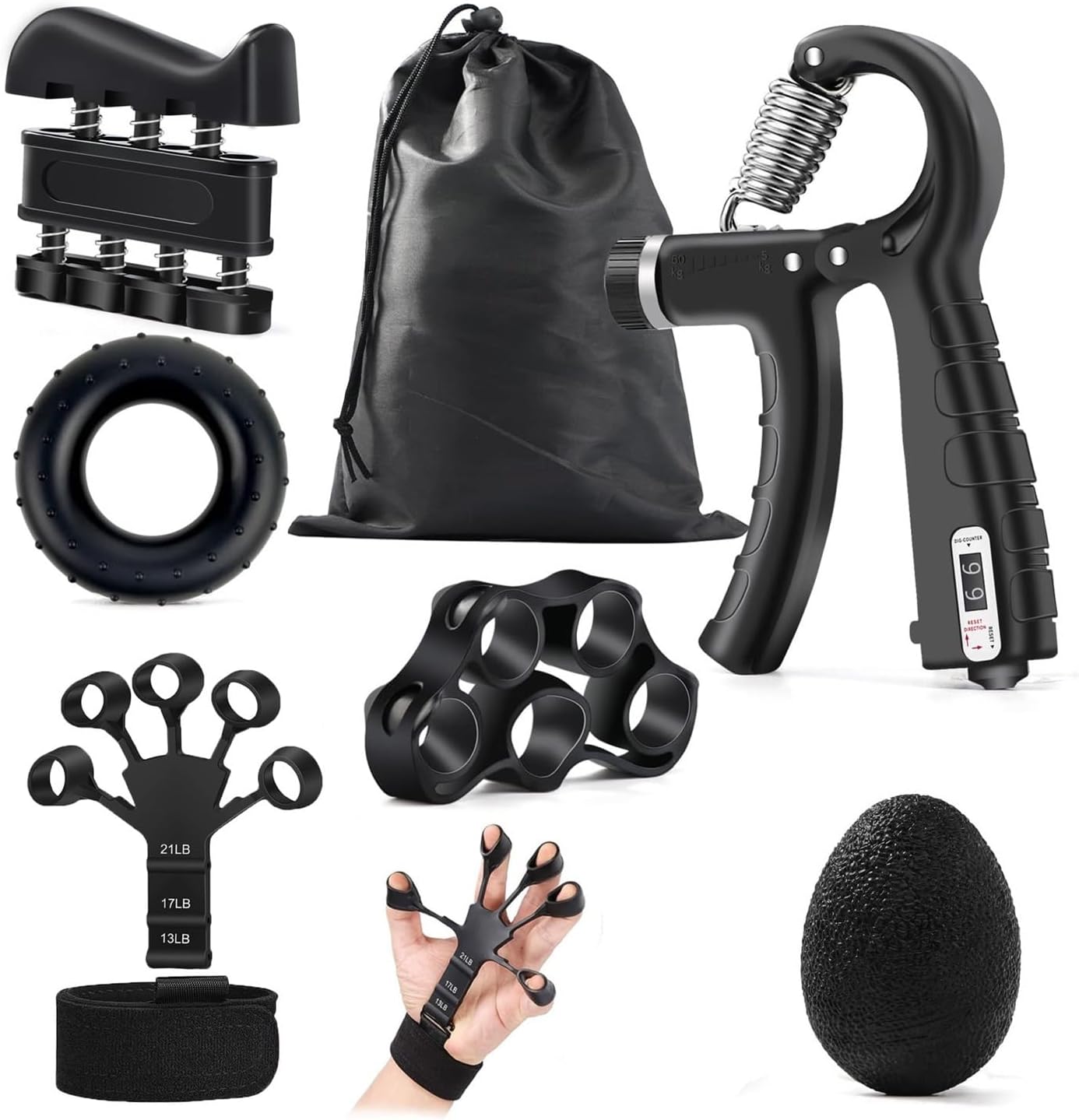 5-60Kg Adjustable Grip Strength Trainer with Finger Exerciser Hand Grip Strengthener for Muscle Building and Injury Recover