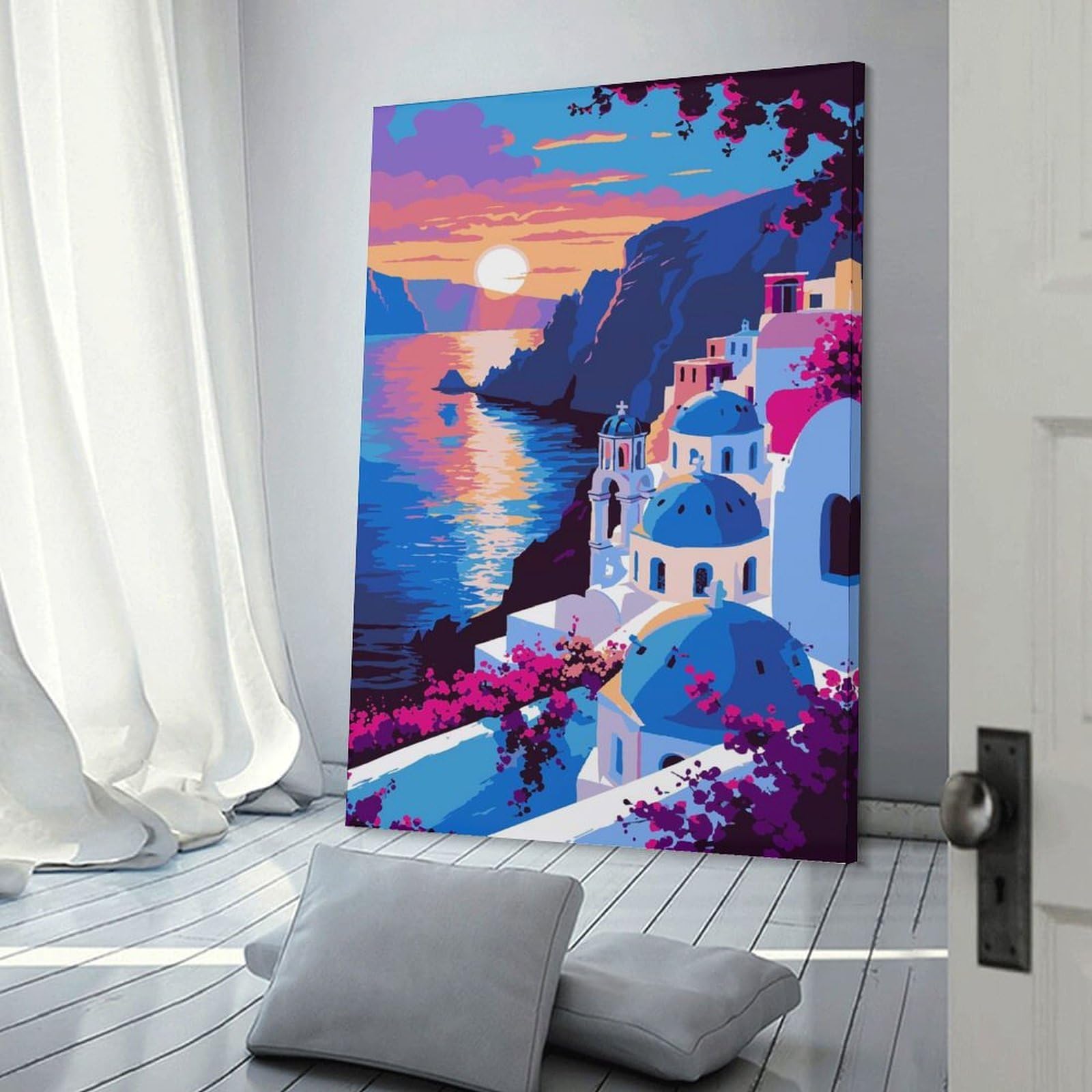 Junmoney Santorini Sunset Illustration(2) Canvas Wall Picture, 24x36inch(60x90cm), for Front Hall, Corridor Or Welcome Spaces, Wall Decor to Refresh Empty Corners