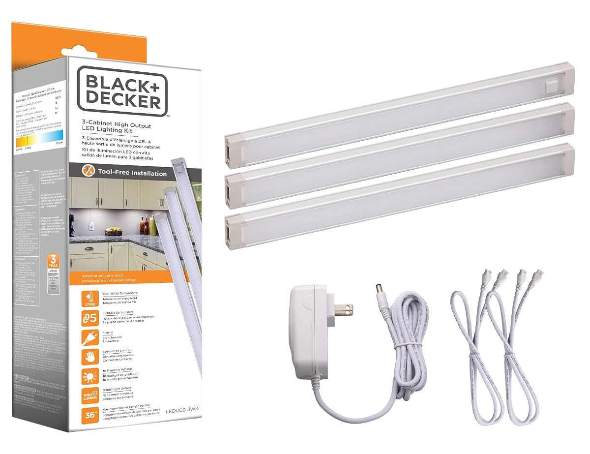 BLACK+DECKER LED Under Cabinet Lighting Kit, 3-Bar, 9" Warm White, 2700K, 1080