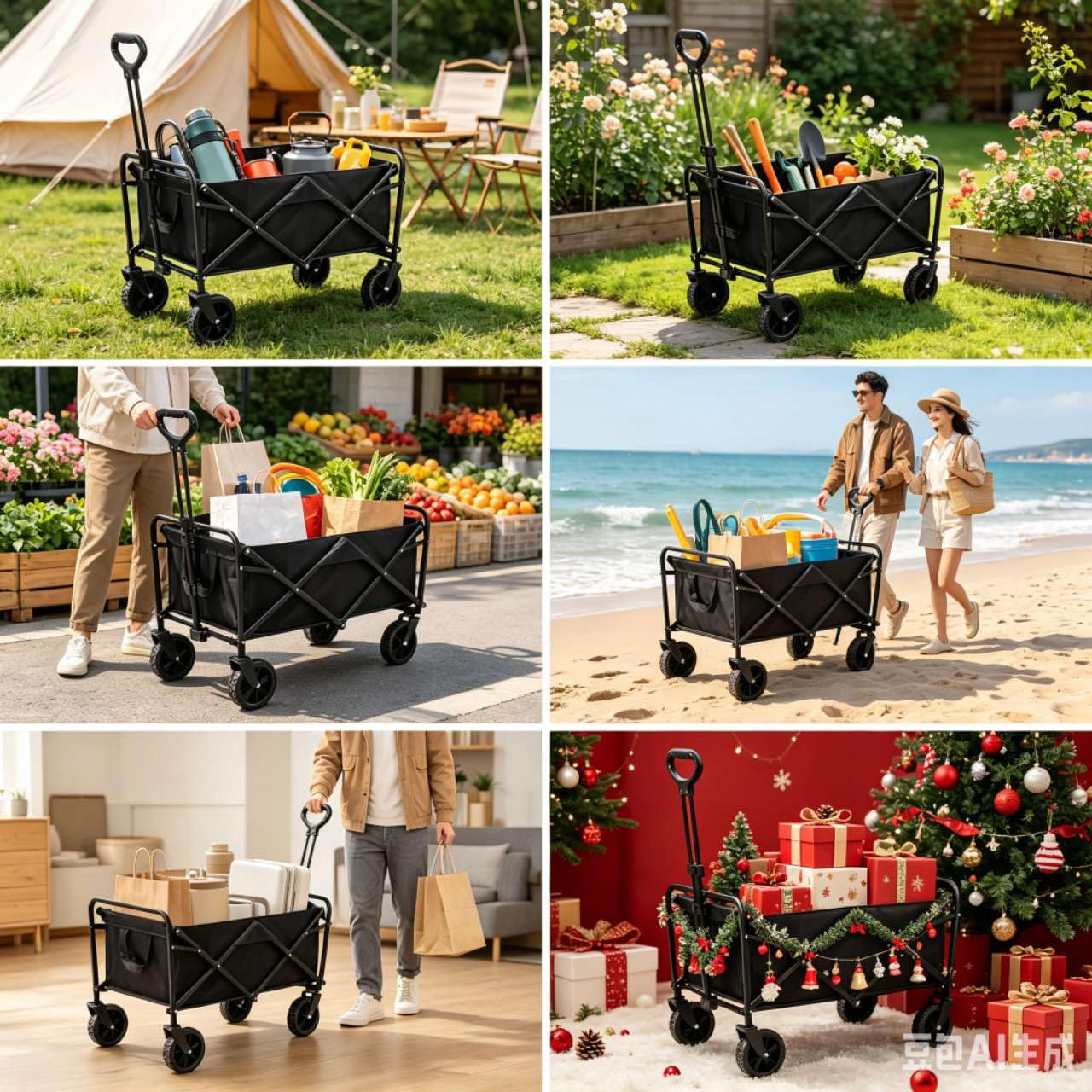Carrito Plegable de Camping 160L, Carro de Mano Multiusos con Ruedas, Manillar Ajustable, para Playa, Compras, Picnic y Jardín. (Negro)