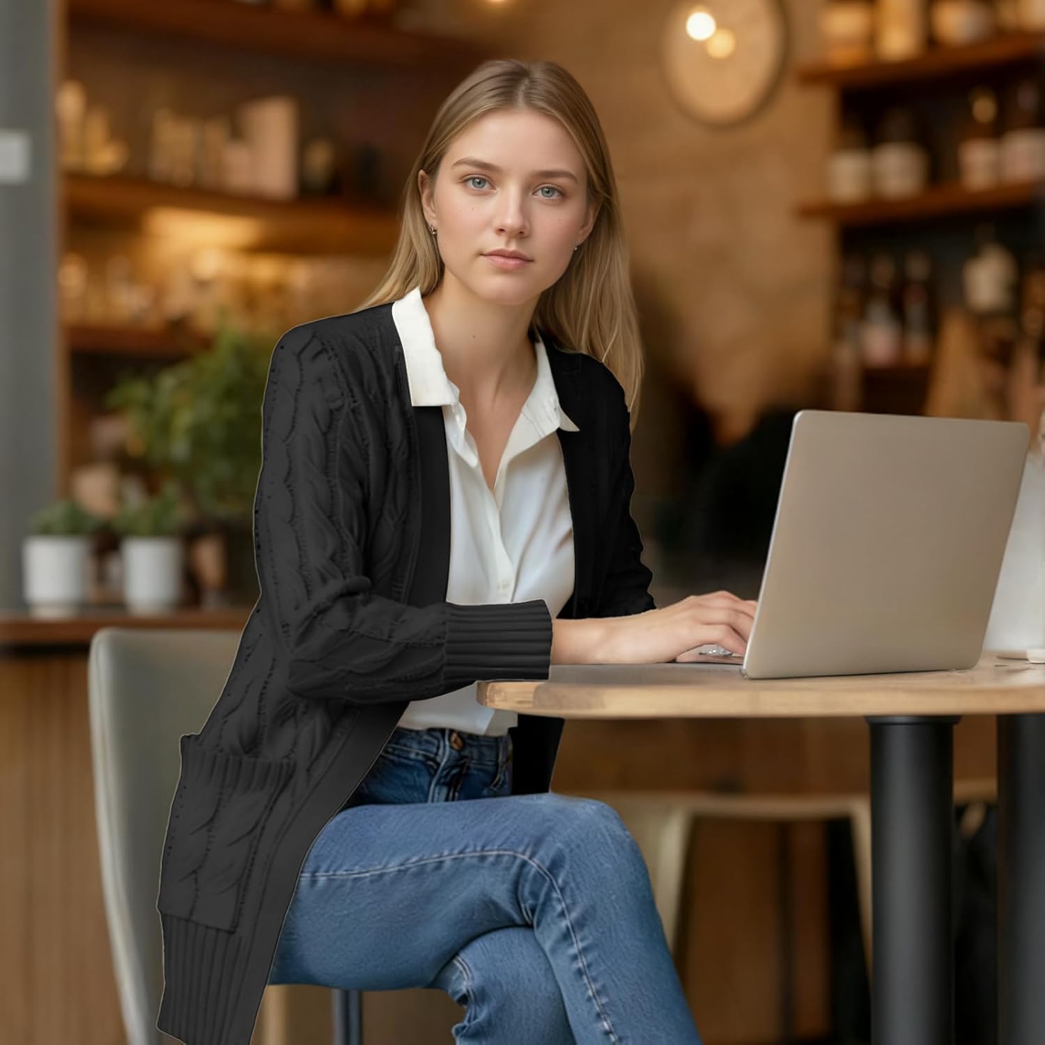 Women's Cable Knit Cardigan - Open Front Button Up Sweater with Pockets, Chunky Cardigan for Winter Women's Cardigan - Image 3