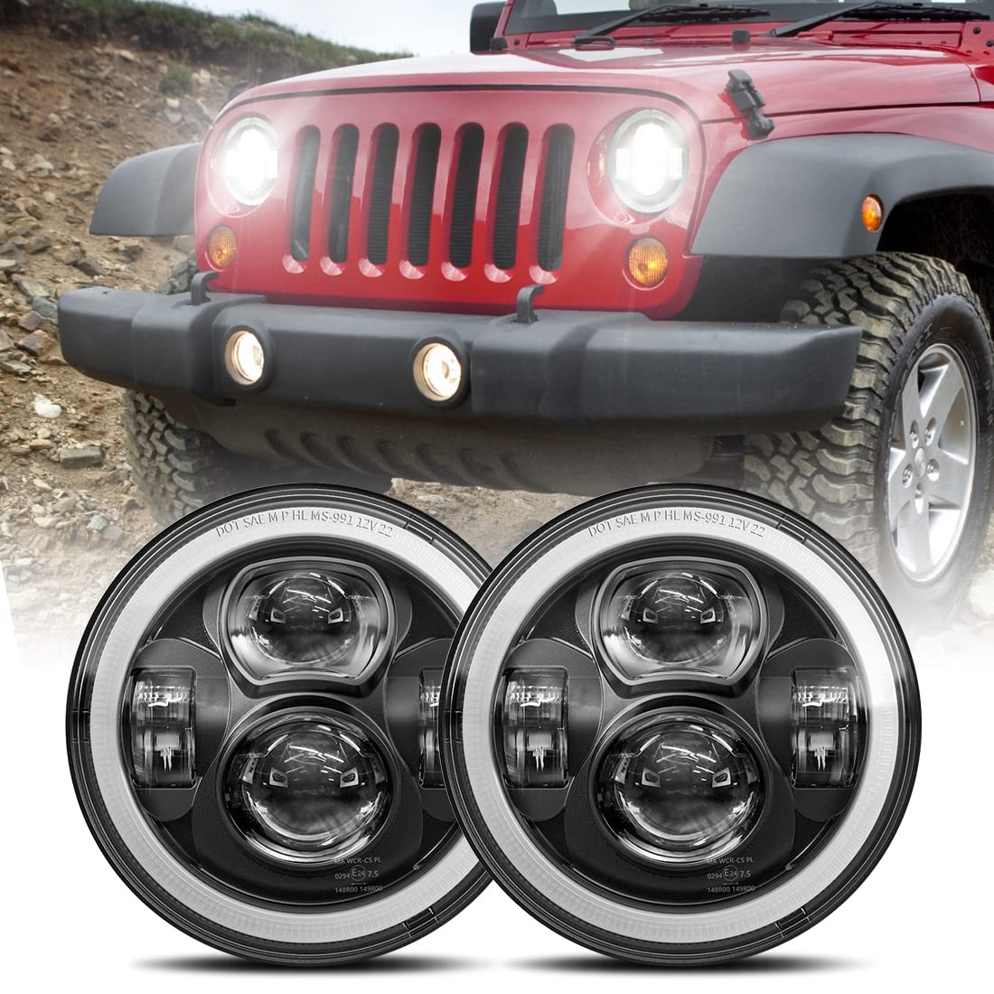 7-Inches LED Headlights H6024 Round Halo Compatible with Jeep Wrangler JK JKU H1 H2 Miata GMC Chevy Ford Dodge etc DOT Approved High/Low Beam DRL Turn Signal Headlamp Replacement Black Pair