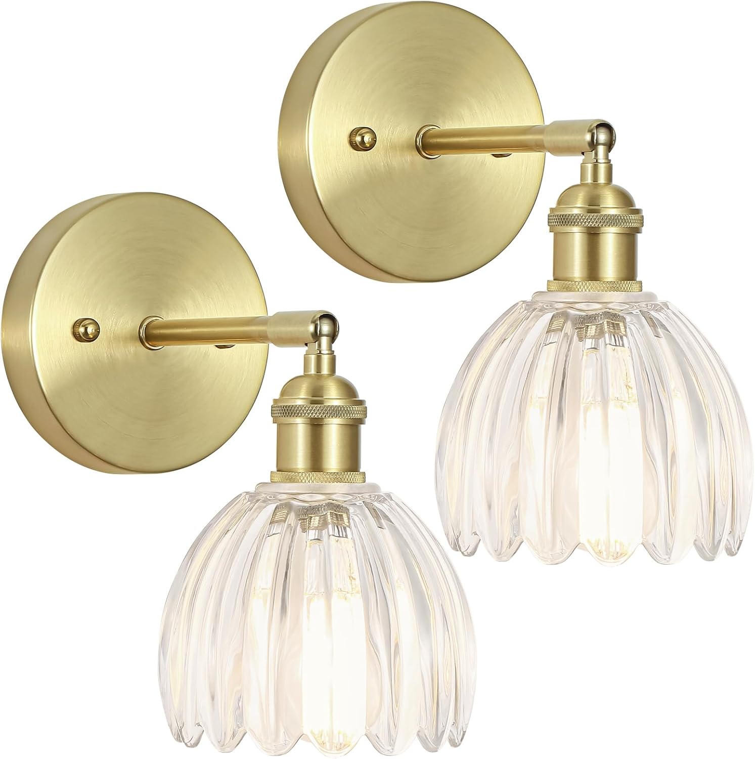 Vintage Wall Sconces Set of Two,Hardwired Wall Lights with Clear Tulip Glass Lampshade,Gold Wall Lamps for Bedroom Bedside Stairway Bathroom Living Room(Bulbs Not Included) 1-Light 2Pack Hardwire-Glod Metal Finish-Clear Glass Shade