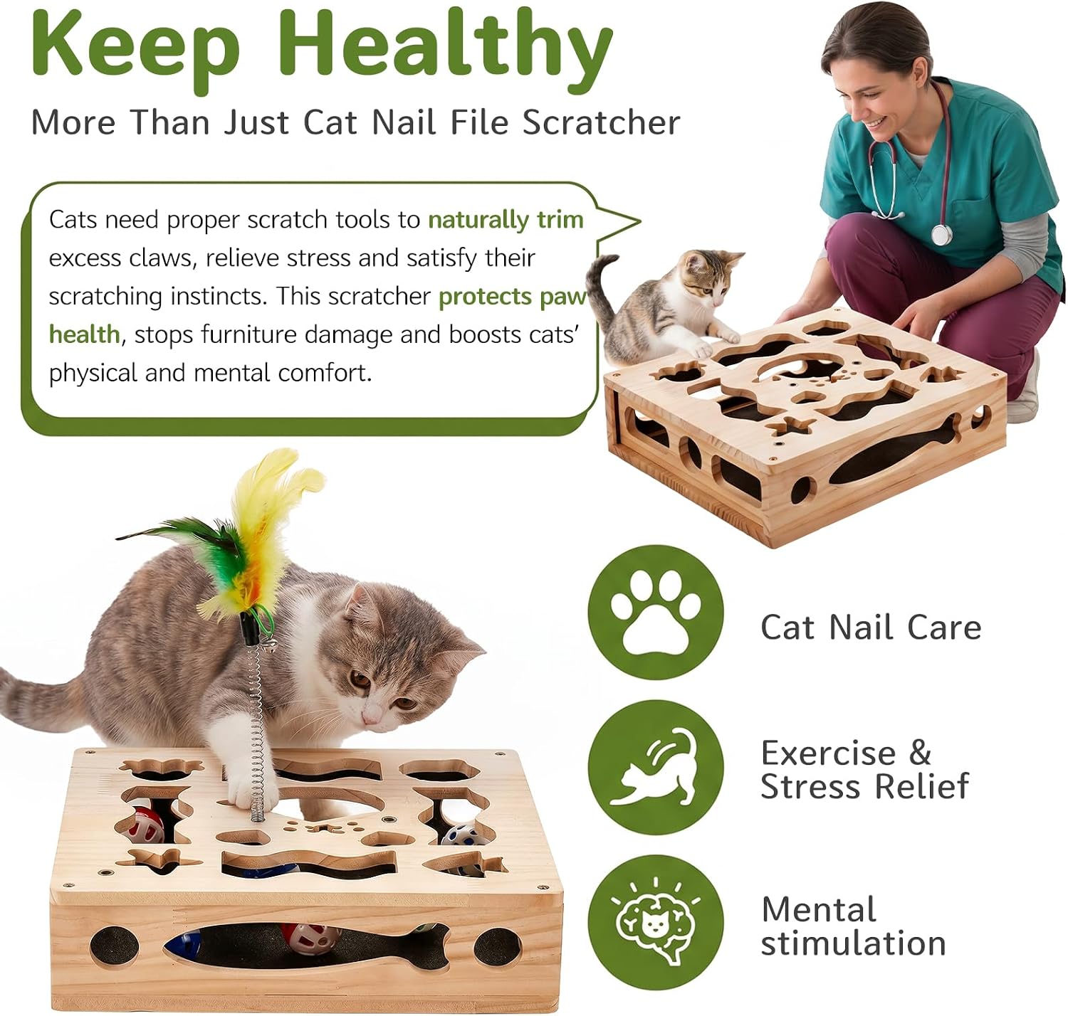 Cat Nail File Scratcher Box - Interactive Cat Scratch Puzzle Enrichment with Sandpaper Liner for Claw Care, Alternative Stress Free Wooden Nails Scratching to Clippers & Grinders for Indoor Cats