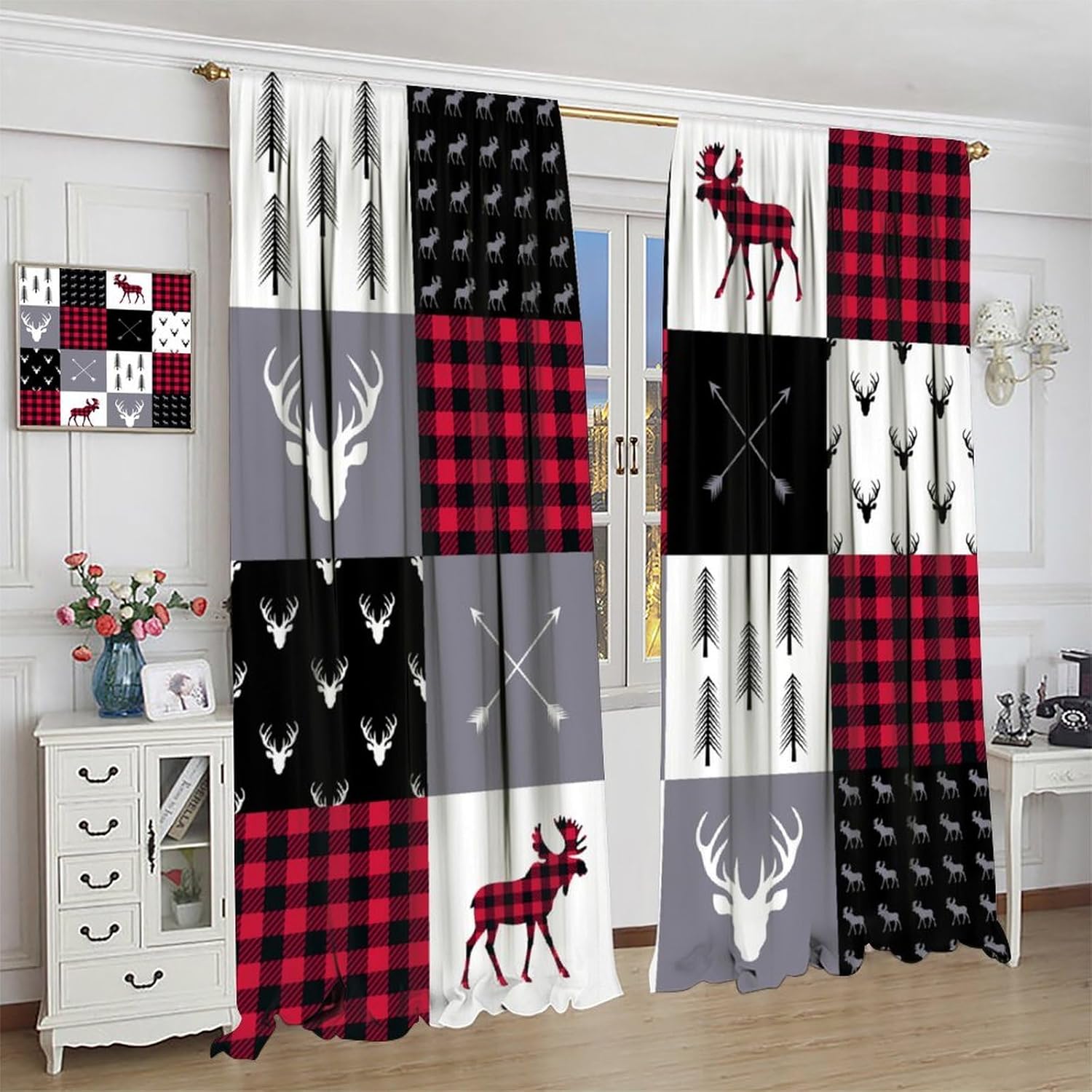 Red White Plaid Curtain,Retro Deer Bear Farm Animal Geometric Abstract Window Treatment Curtains for Dining Room Living Room Kitchen Cafe Bedroom Office Drapes, 72x63 in
