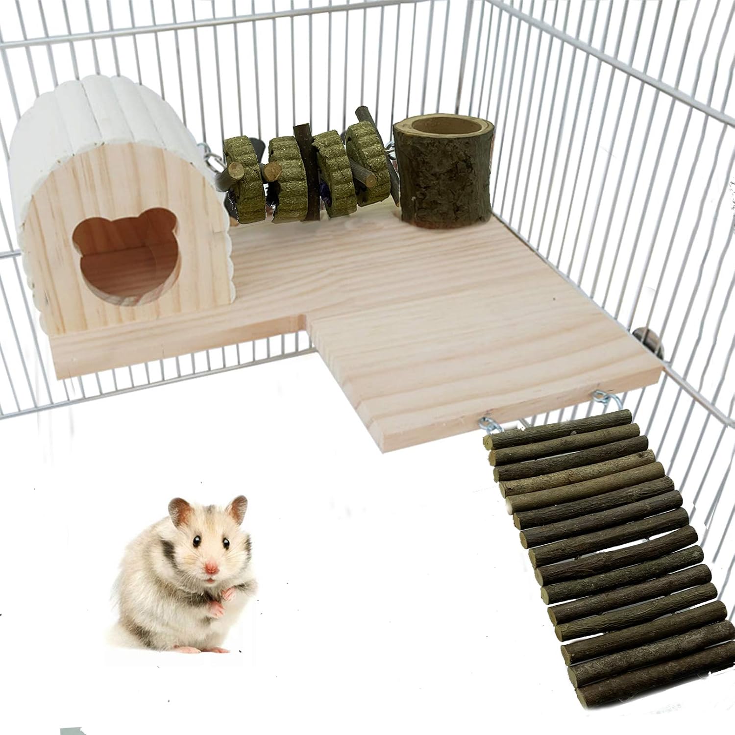 Tfwadmx Hamster Platform with Ladder,Small Animal Playground Wood Stand Ledge House Hideout Hut Bridge Cage Climbing Chew Toy for Dwarf…