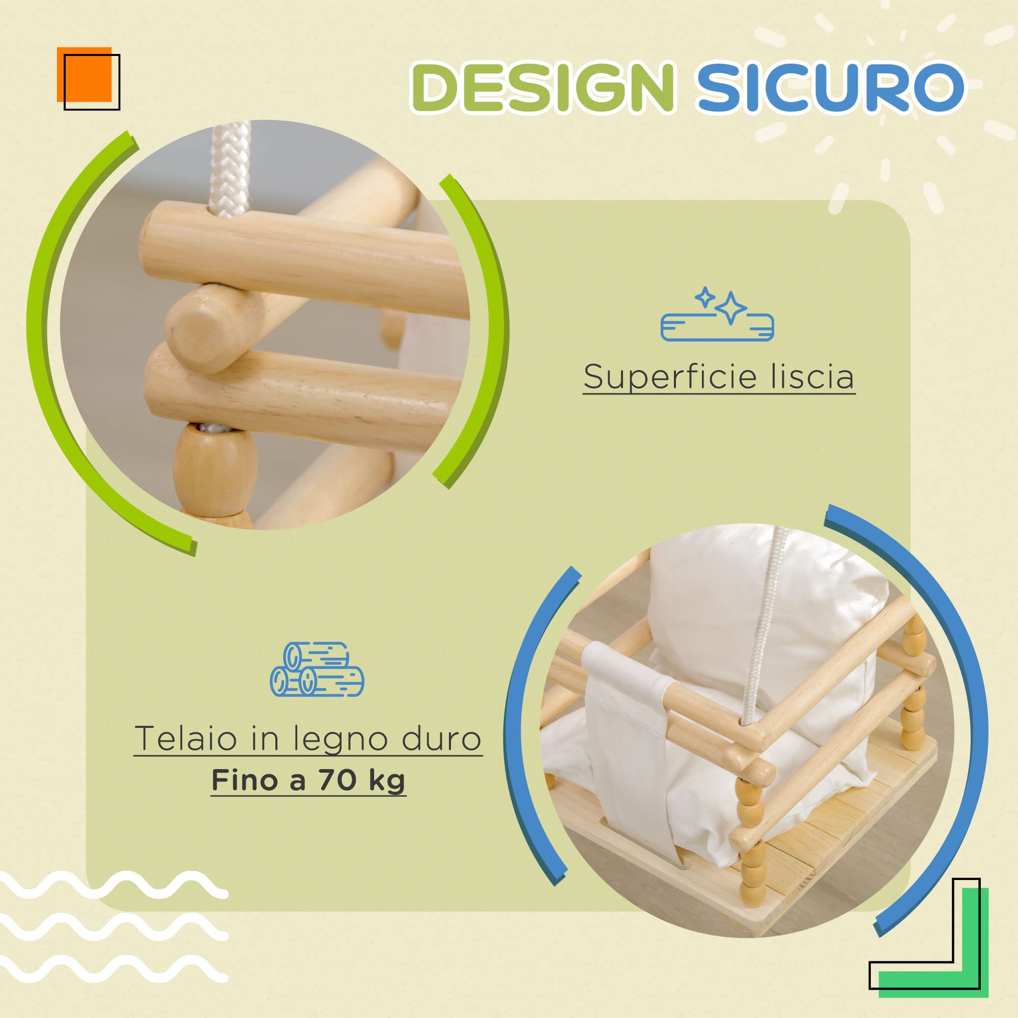 AIYAPLAY Altalena per Bambini 9-36 Mesi in Legno e Cotone per Interni ed Esterni con Corda Regolabile e Cuscino Rimovibile, 30x30x110-180 cm, Color Legno e Bianco