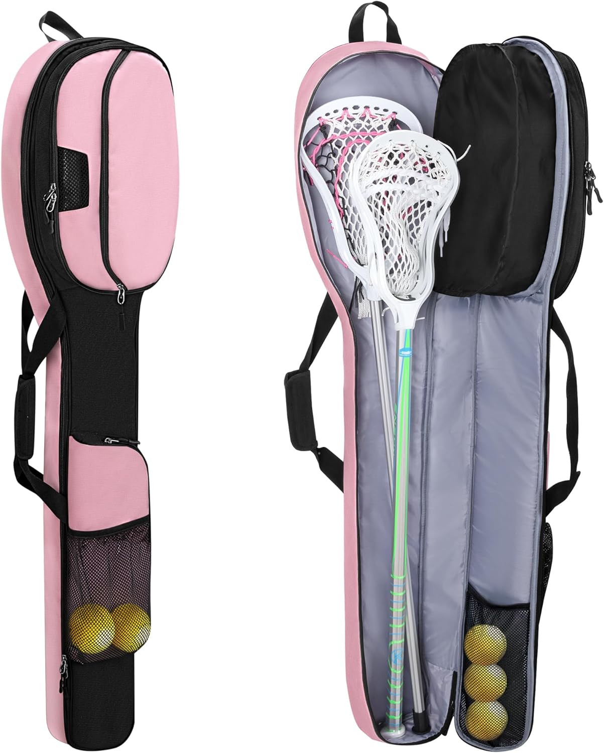Lacrosse Stick Bag for Men Women, Padded Lax Equipment Bag with Separate Ventilated Shoe Compartment and Multi Pockets for Essentials, Black and Pink