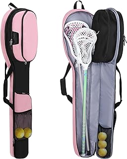 Lacrosse Stick Bag for Men Women, Padded Lax Equipment Bag with Separate Ventilated Shoe Compartment and Multi Pockets for Essentials, Black and Pink