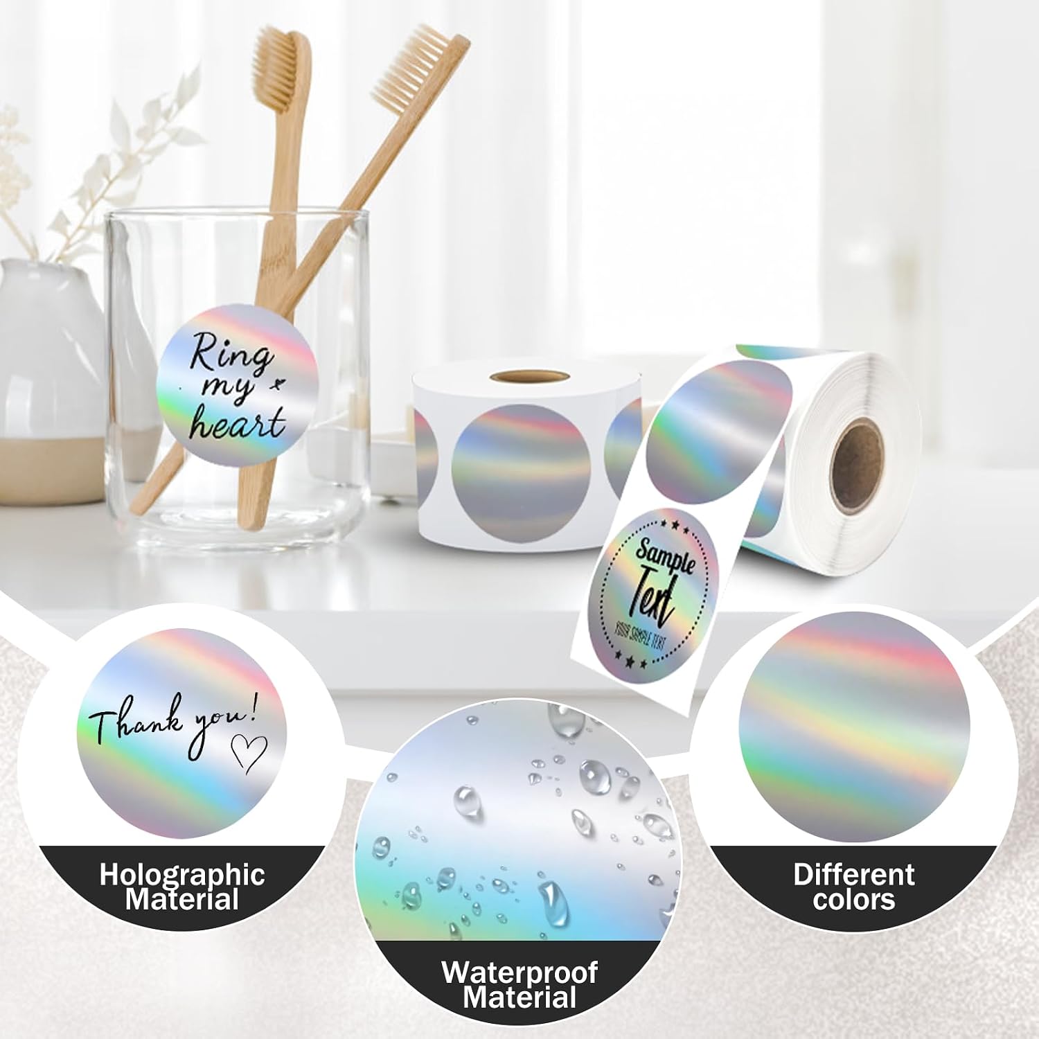 400Pcs/Roll - 2 Inch Holographic Silver Thermal Labels, Waterproof & Oil-Resistant Round Stickers, Circle Printer Labels for Business Logo, Pricing, Address, Thanks/Blessing Label image 2