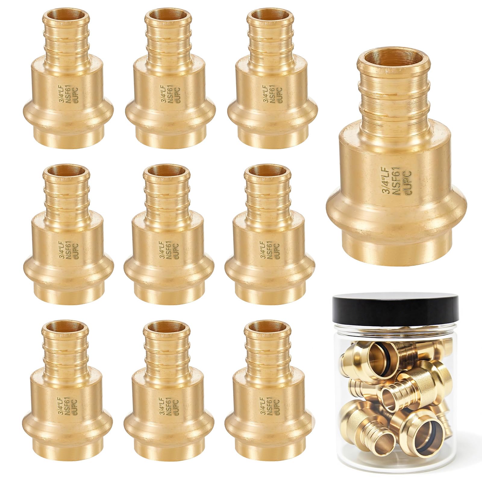 Photo 1 of 10-Pack 3/4 Inch Press to PEX Adapter Fittings | Lead-Free Brass Press Fittings for PEXB Tubing, Crimp & Clamp System, Press fittings 3/4 inch