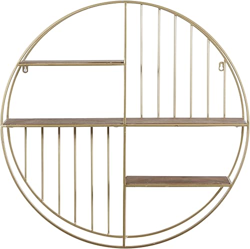 Miniatura 6 de Deco 79 Estante de pared redondo de metal de 3 estantes 28 x 7 x 28 pulgadas dorado