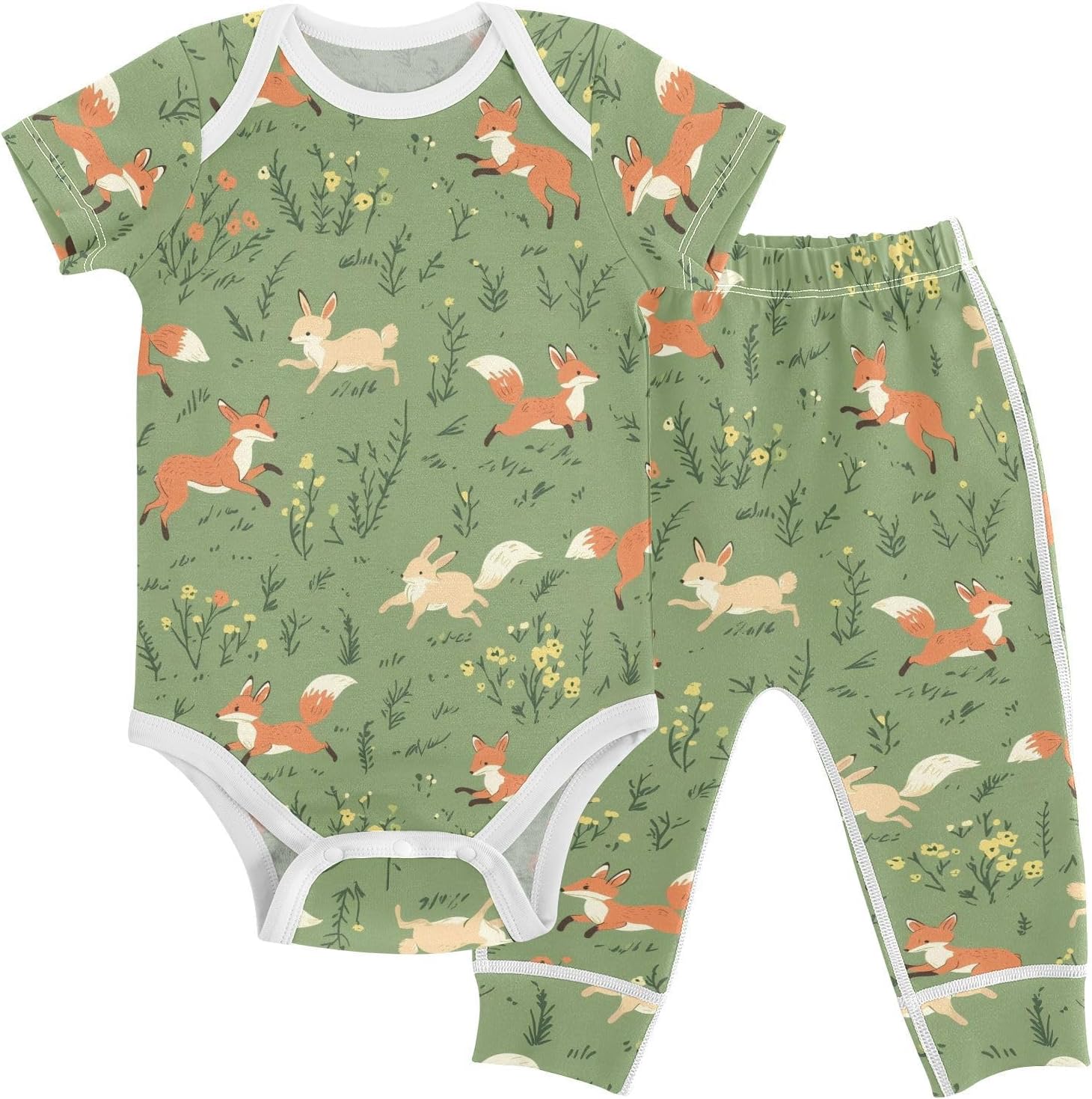vvfelixl Baby Clothes Fox Rabbit Grass Baby Bodysuits Set Unisex Short Sleeve Babys Pants Sets 0-3M