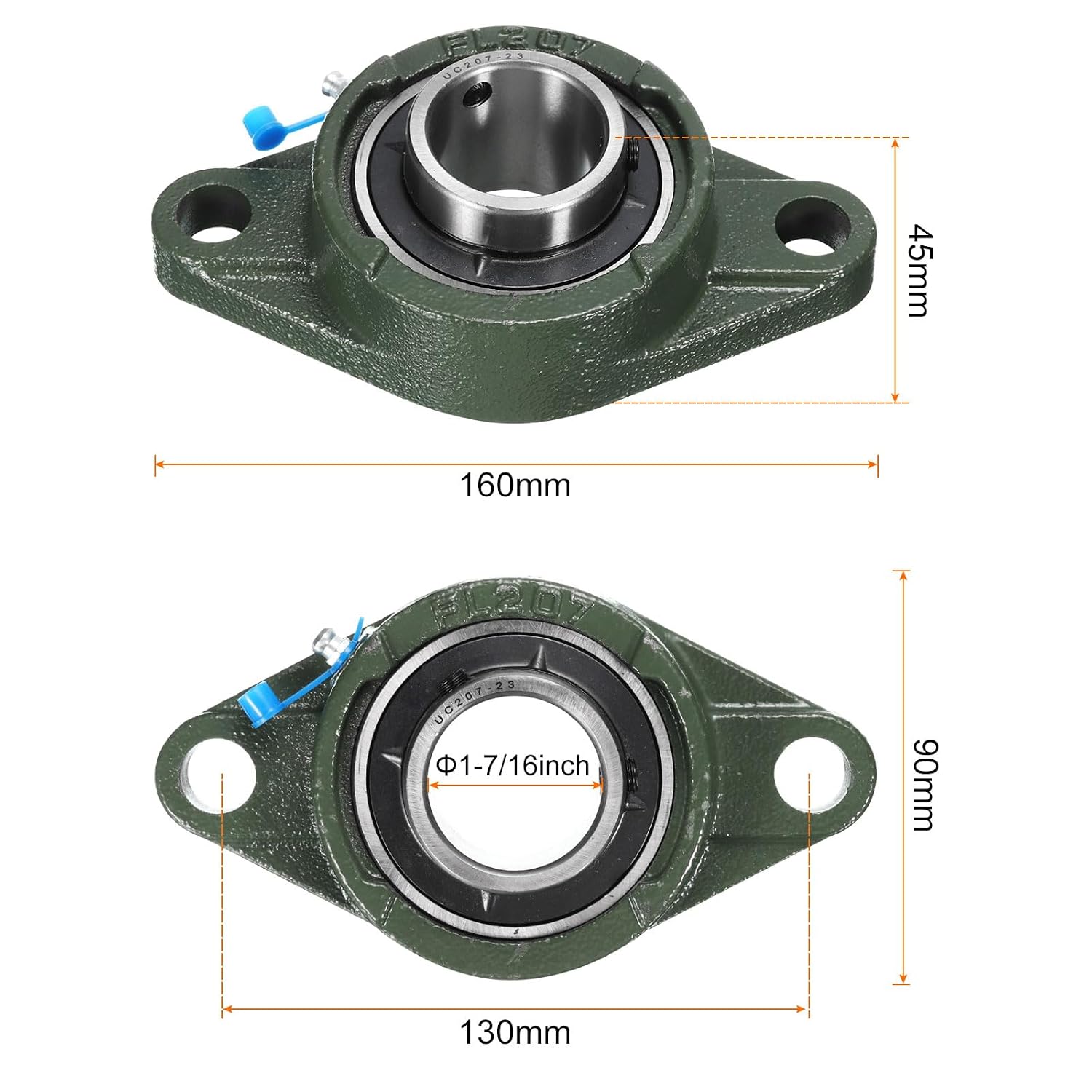 uxcell 2pcs UCFL207-23 Pillow Block Bearings 1-7/16 inch Bore Self Alignment, Solid Cast Iron Base Mounted Chrome Steel Bearings