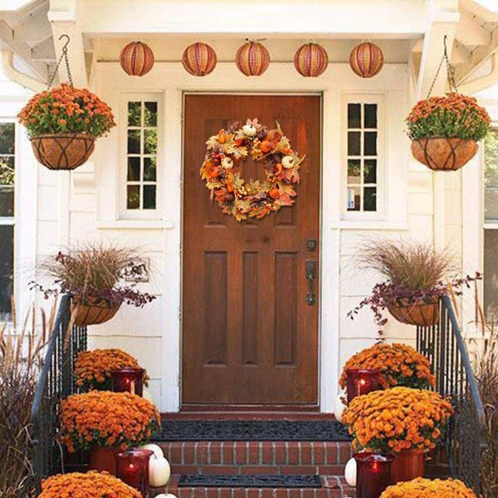 Ghirlanda Autunnale 50cm Con Foglie D'Acero E Zucca - Decorazione Casa