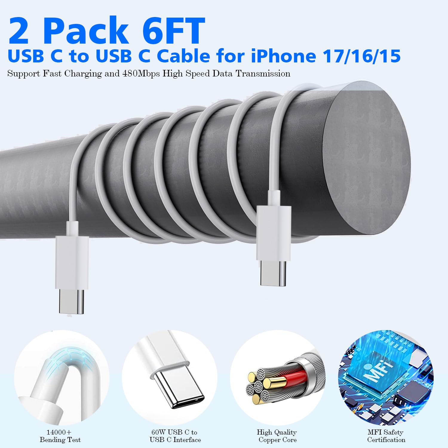 iPhone Charger Fast Charging,[Apple MFi Certified] 45W Dual Quick Apple Charger 2Pack 6FT Type C Block USB C to C Cable for iPhone 17E/17 ProMax/Air/17 Pro/16 Pro Max/16Pro/16E/15 ProMax/Plus,iPad Pro