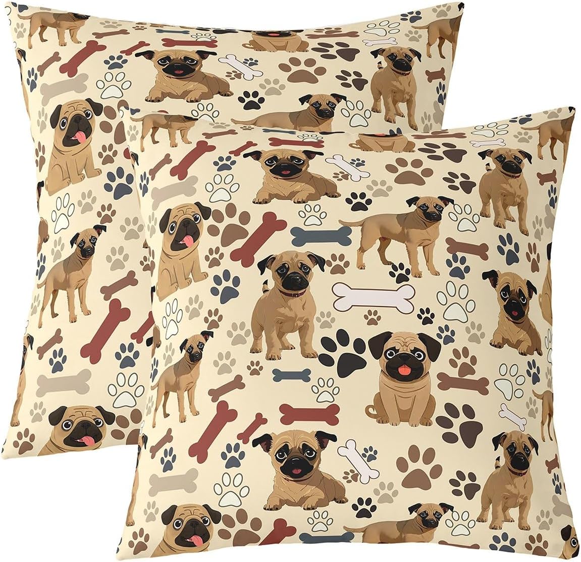 Kids Pug Pillow Covers 24"x24",Dog Footprint Bones Cushion Covers for Couch Sofa, Cartoon Pug Lover Outdoor Pillow Cases,Wartercolor Puppy Graffiti Reversible Throw Cushion Cases