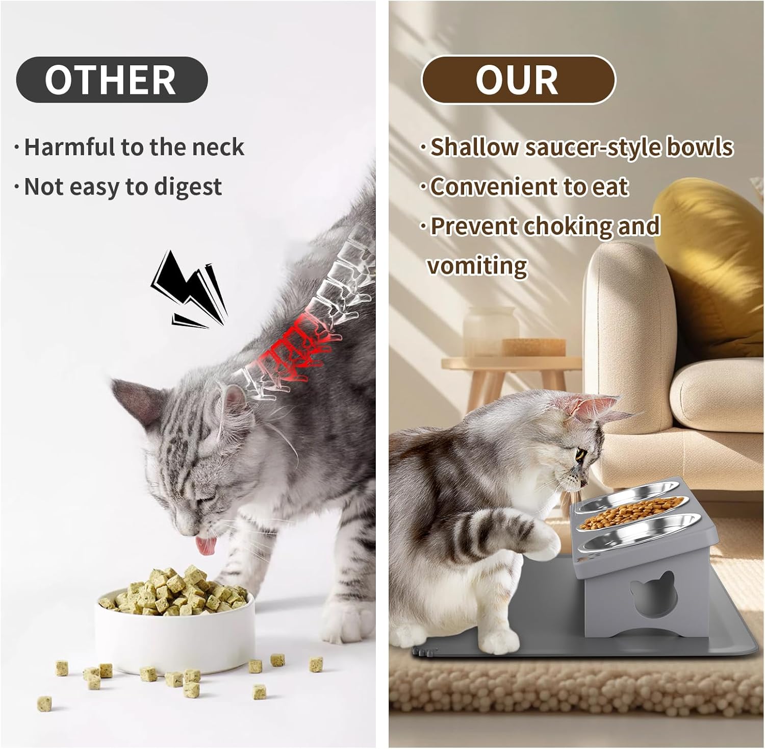 Elevated Cat Bowls with 3 Stainless Steel Bowls | 15° Tilted Anti-Vomiting Raised Cat Food Bowl with Solid Wood Stand and Silicone Pad for Cats and Small Pets Bowl(Slate Grey)