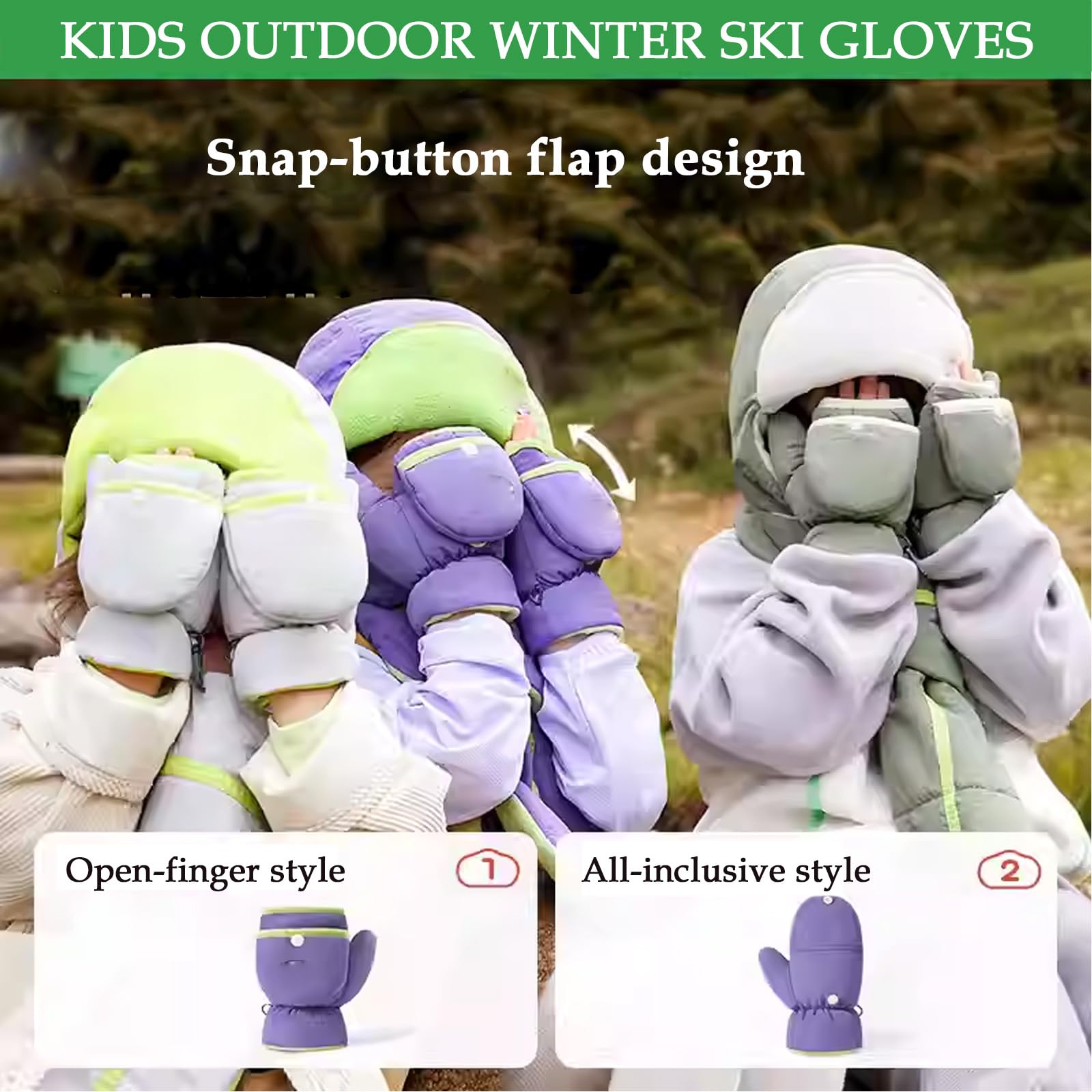 muffole da Neve per Bambini, Guanti da Sci Impermeabili, Design Ribaltabile, Ideale per attività familiari all'aperto/Sport Invernali,1.Purple,L (6~12 Years)