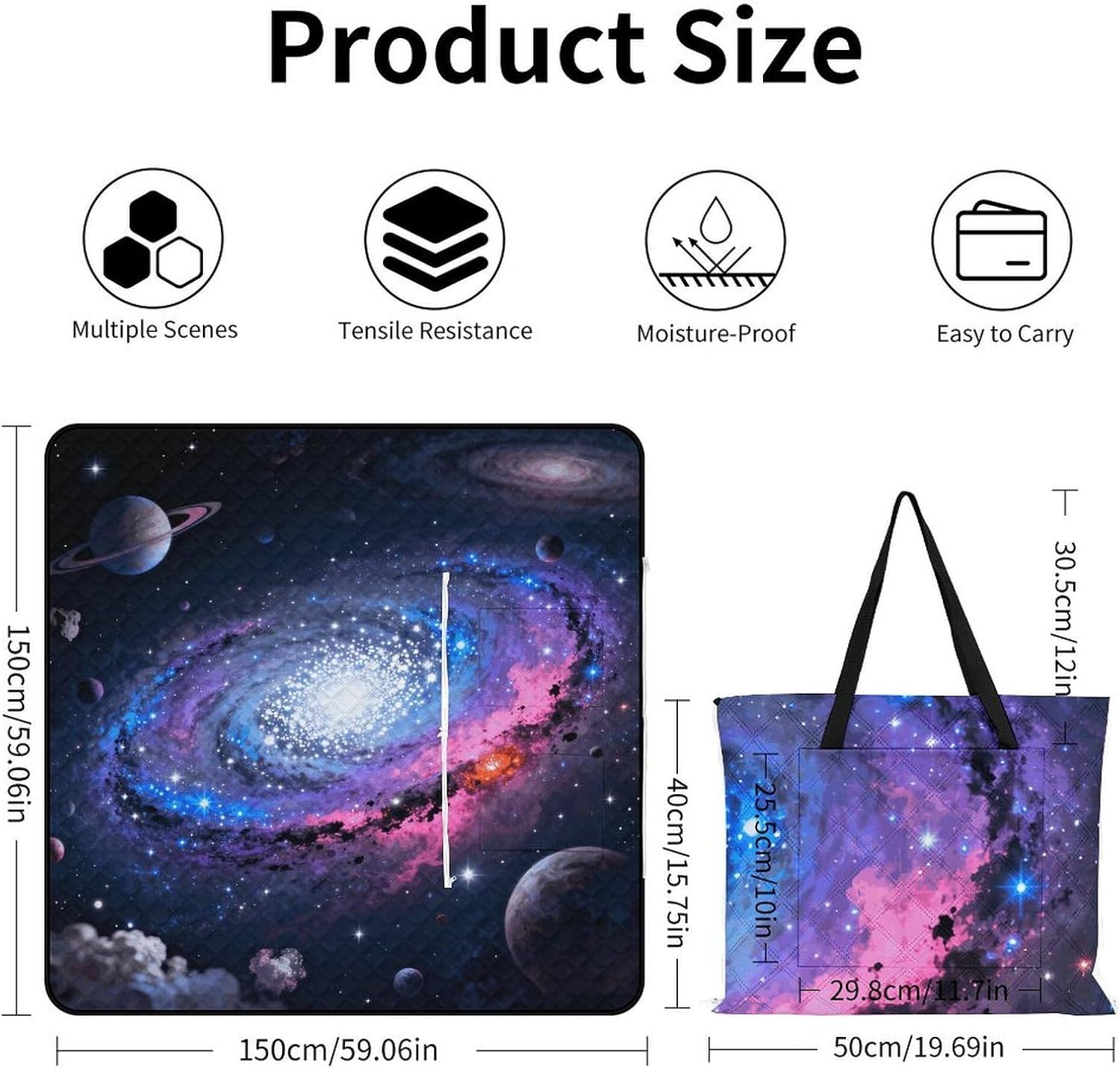 Galaxy Picnic Blanket with Zipper Water Resistant Sand Free Picnic Mat Washable Foldable Easy Carry Beach Blanket for Lawn Beach Hiking Camping