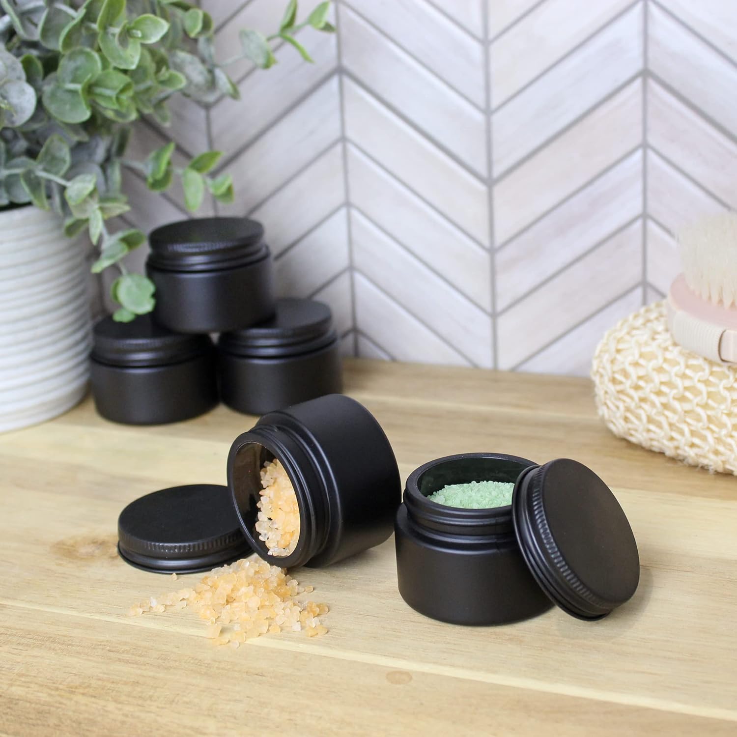 Darware 1oz Glass Balm Jars (24-Pack, Black); 30-Milliliter Little Cosmetic Jars with Lined Black Metal Lids