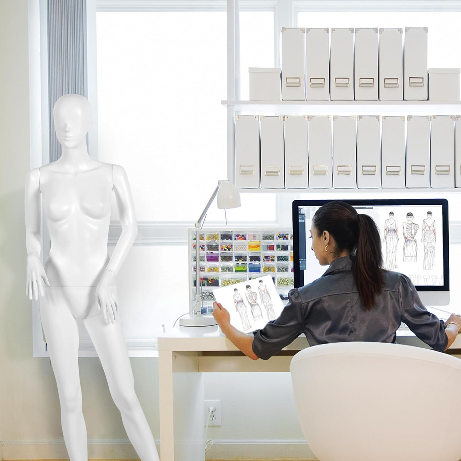 BETTARY Female Mannequin, 70 Inches Well Proportioned Female Model, Realistic Female Model with Full Body Torso and Adjustable Bracket, Plastic Model with Metal Base for Clothing Display, White