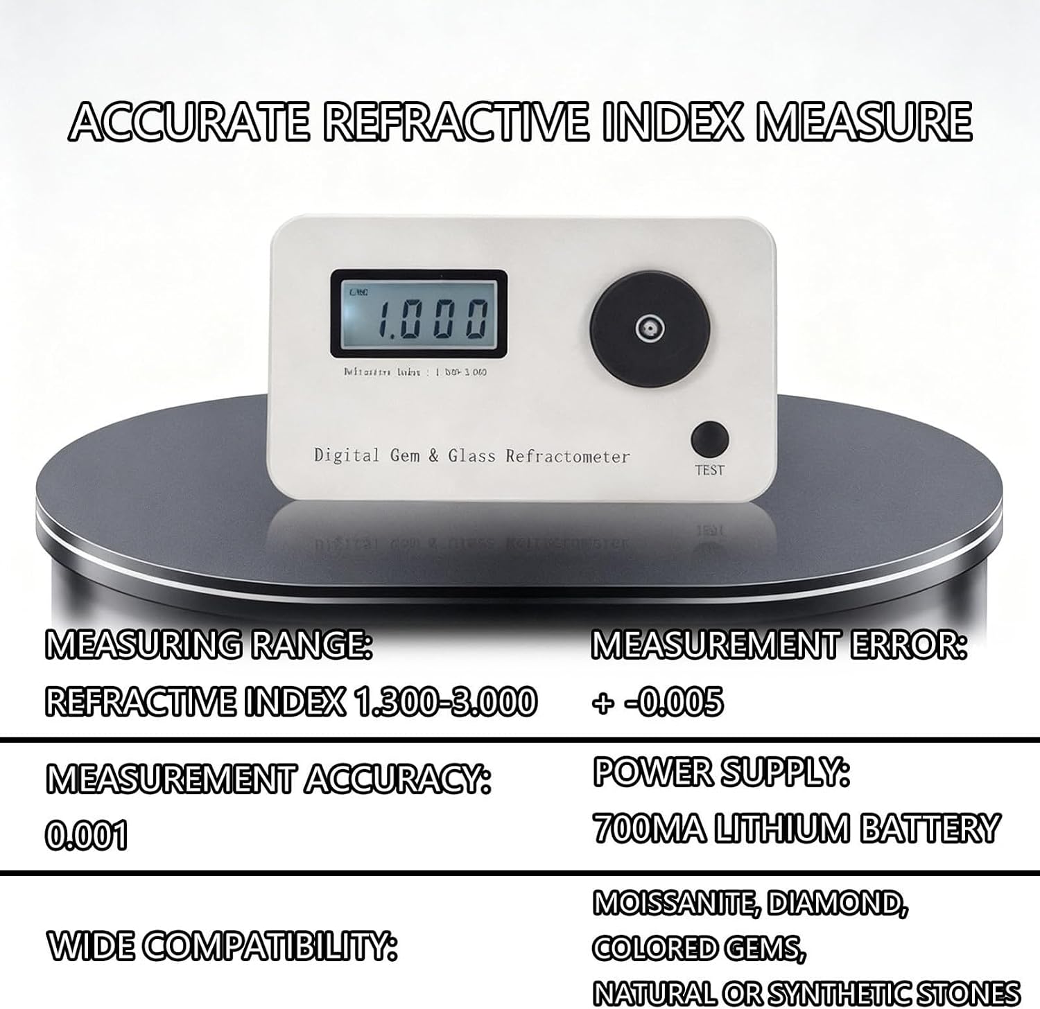 Gemstone Refractometer,Jewelry Tester Identification Tools,Refractive Index 1.300-3.000 with LCD Display and 700mAh Battery,Measuring Accuracy 0.001 Applicable to Various Gemstones