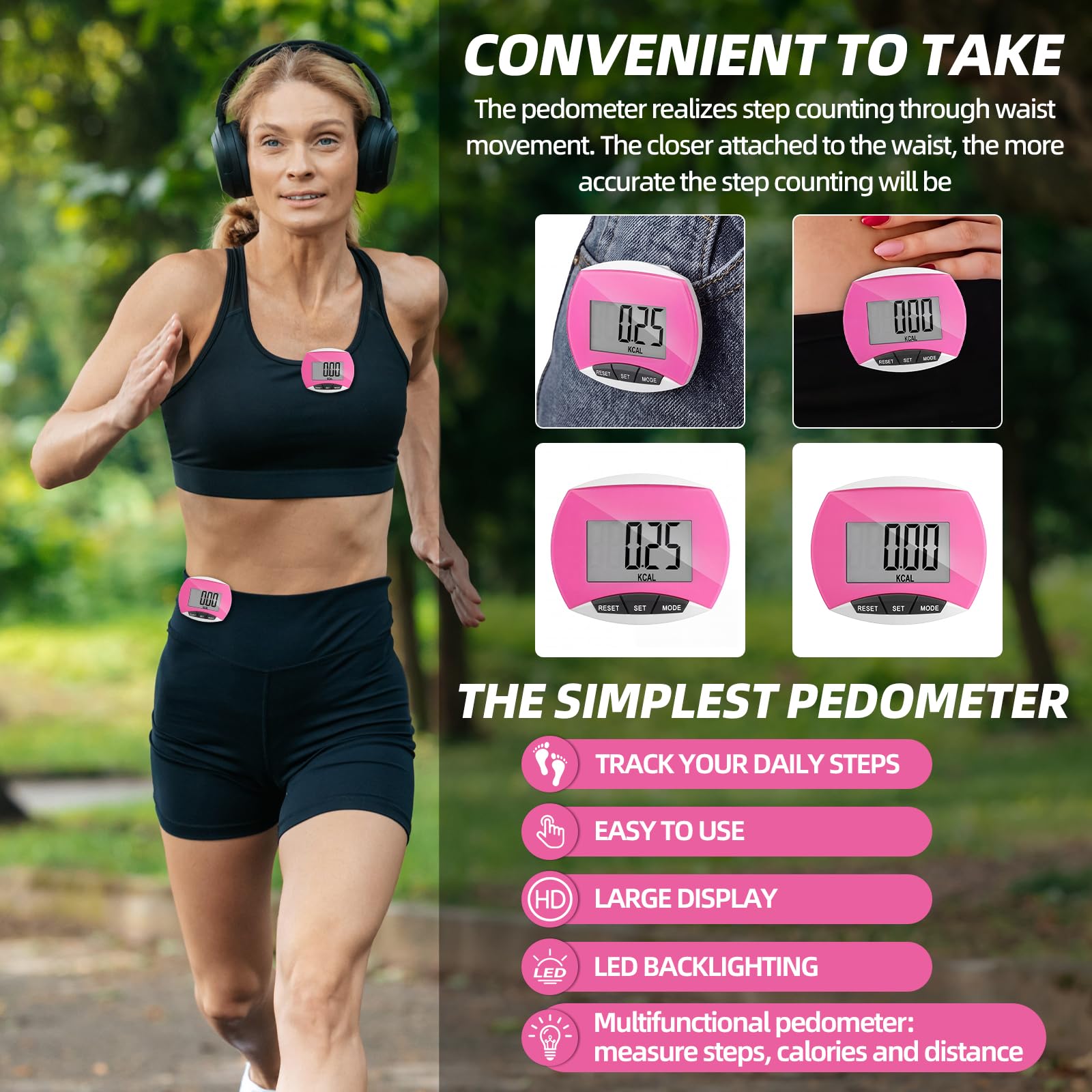 Weewooday Podomètre pour marche pas et kilomètres, simple à clipser pour la marche avec affichage numérique, traqueur portable, podomètre de poche en vrac pour hommes, femmes, adultes et personnes