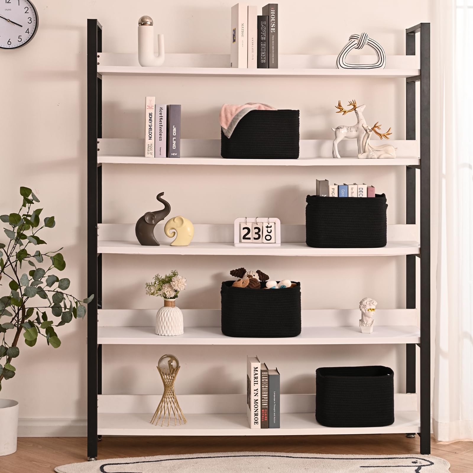 ICERZCZ Canastas de almacenamiento negras para estantes, cestas de almacenamiento pequeñas para organizar, cestas de cuerda de algodón tejida para almacenamiento, cesta de libros, cesta decorativa