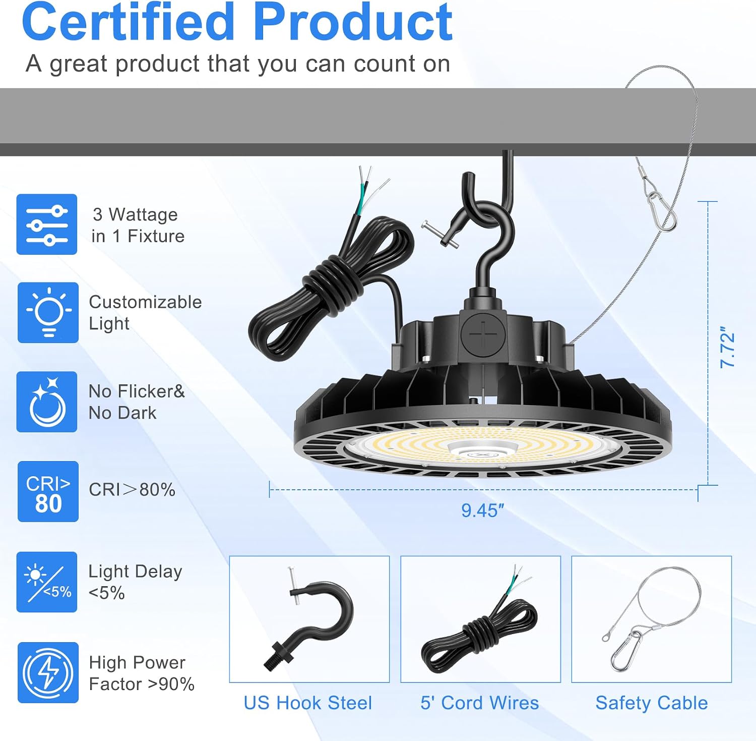 480V LED High Bay Light 150W 120W 90W Adjustable, 22500LM ETL Listed UFO Shop Light, 0-10V Dimmable, IP65 Waterproof, AC277-480V High Bay for Warehouse Factory